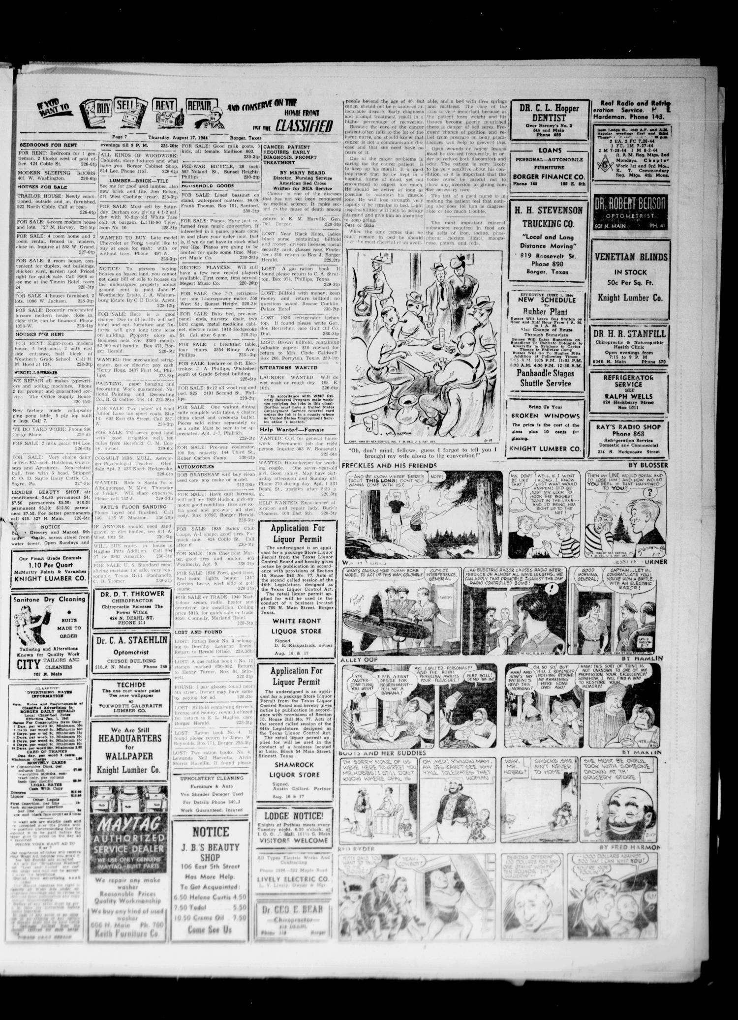 Borger Daily Herald (Borger, Tex.), Vol. 18, No. 230, Ed. 1 Thursday, August 17, 1944
                                                
                                                    [Sequence #]: 7 of 8
                                                