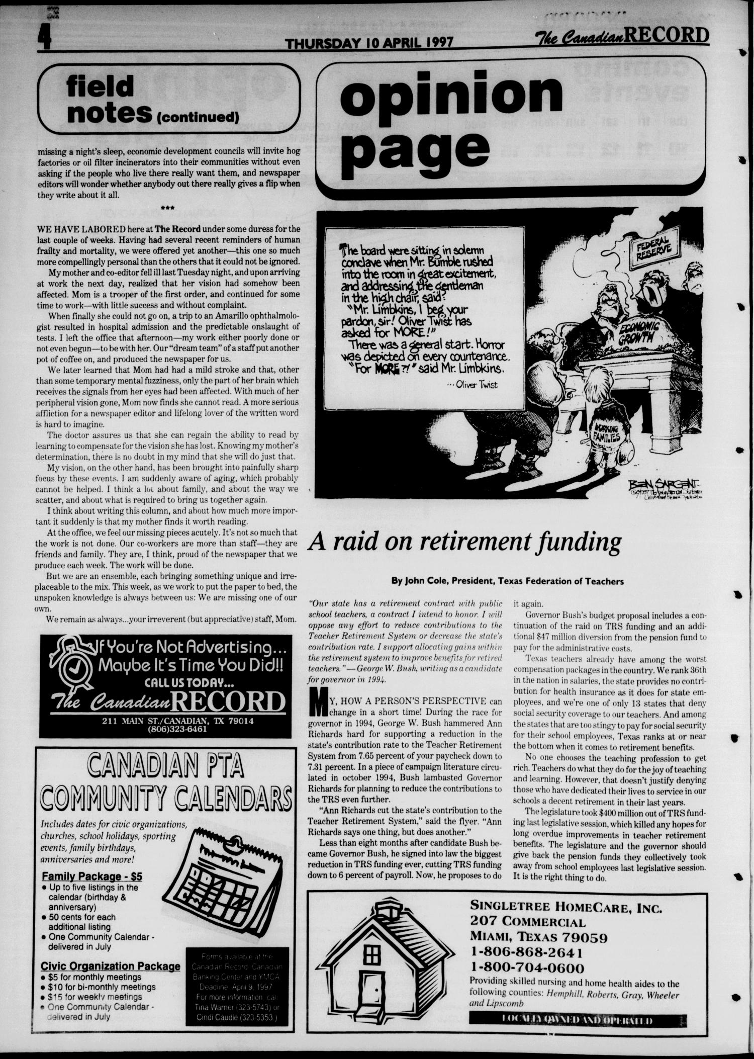 The Canadian Record (Canadian, Tex.), Vol. 107, No. 15, Ed. 1 Thursday, April 10, 1997
                                                
                                                    [Sequence #]: 4 of 28
                                                