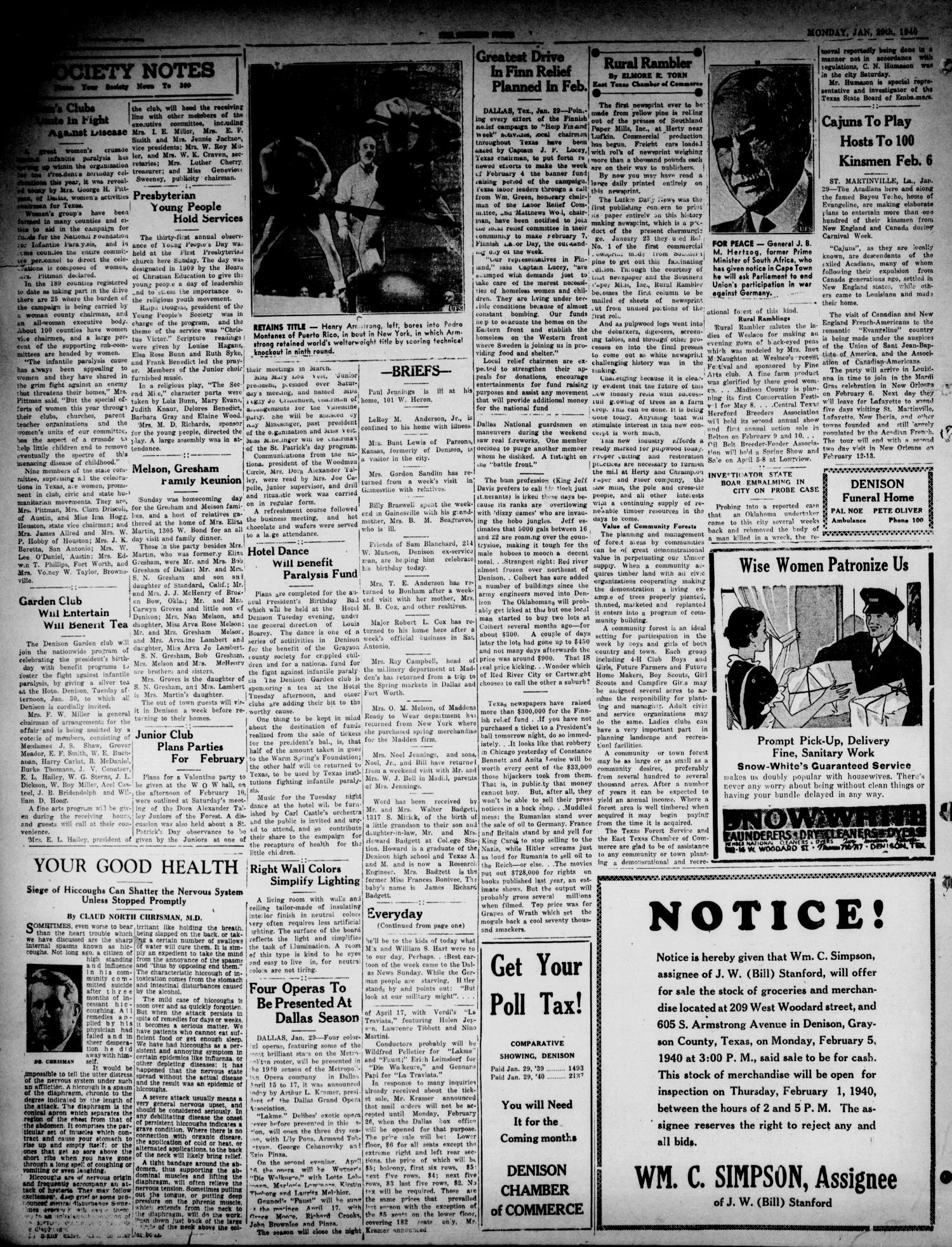 The Denison Press (Denison, Tex.), Vol. 6, No. 184, Ed. 1 Monday, January 29, 1940
                                                
                                                    [Sequence #]: 4 of 4
                                                
