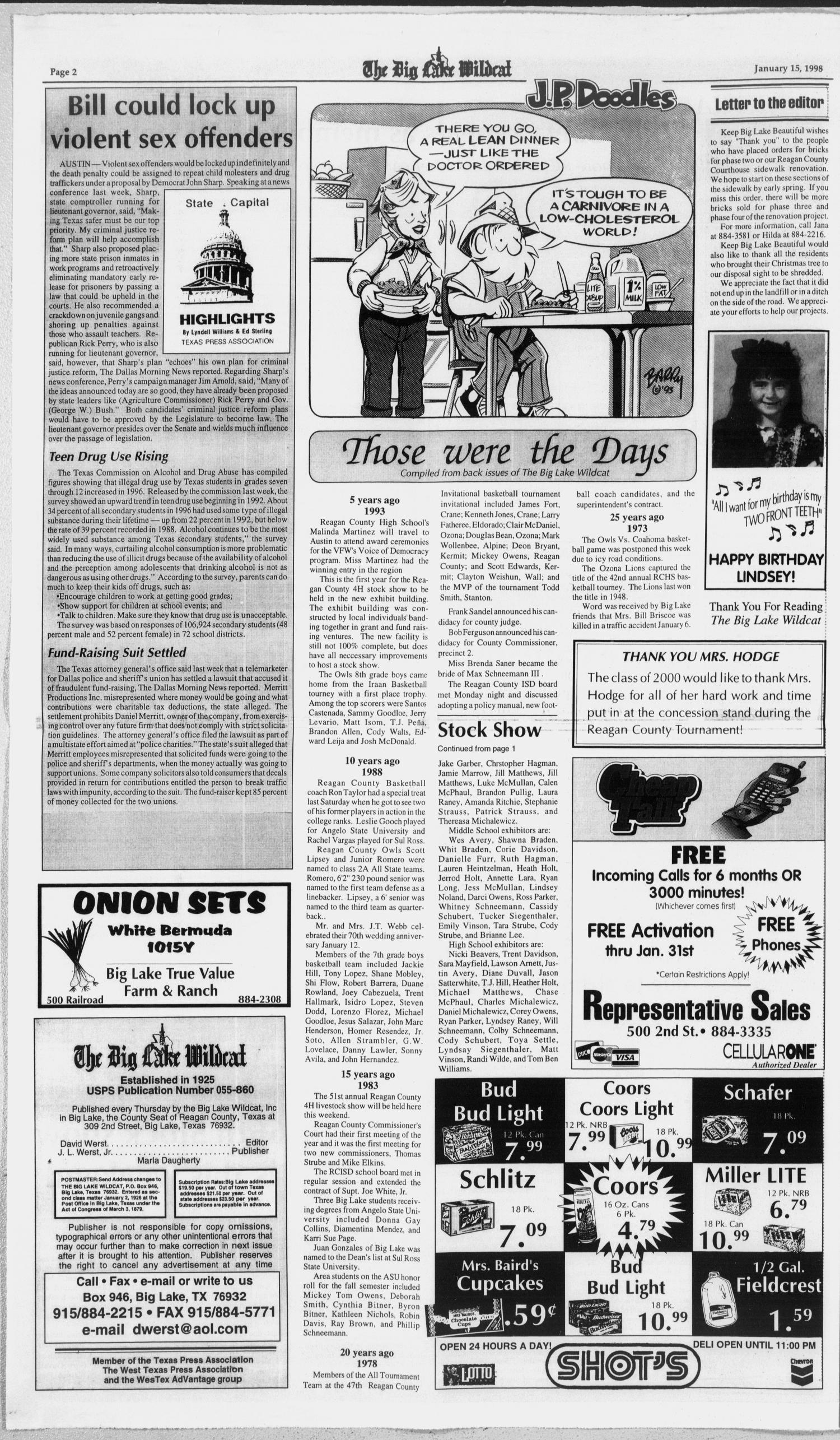 The Big Lake Wildcat (Big Lake, Tex.), Vol. SEVENTY-THIRD YEAR, No. 3, Ed. 1 Thursday, January 15, 1998
                                                
                                                    [Sequence #]: 2 of 10
                                                