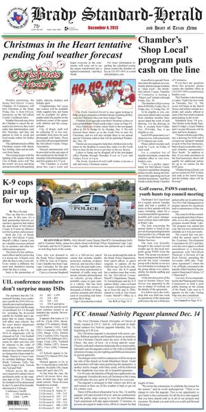 Primary view of object titled 'Brady Standard-Herald and Heart of Texas News (Brady, Tex.), Ed. 1 Wednesday, December 4, 2013'.