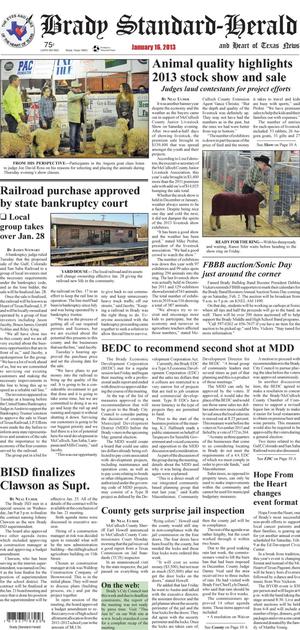 Primary view of object titled 'Brady Standard-Herald and Heart of Texas News (Brady, Tex.), Ed. 1 Wednesday, January 16, 2013'.