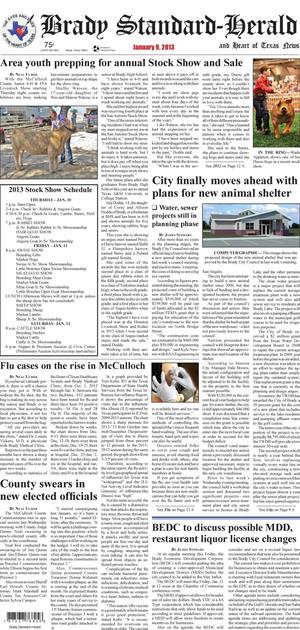 Primary view of object titled 'Brady Standard-Herald and Heart of Texas News (Brady, Tex.), Ed. 1 Wednesday, January 9, 2013'.