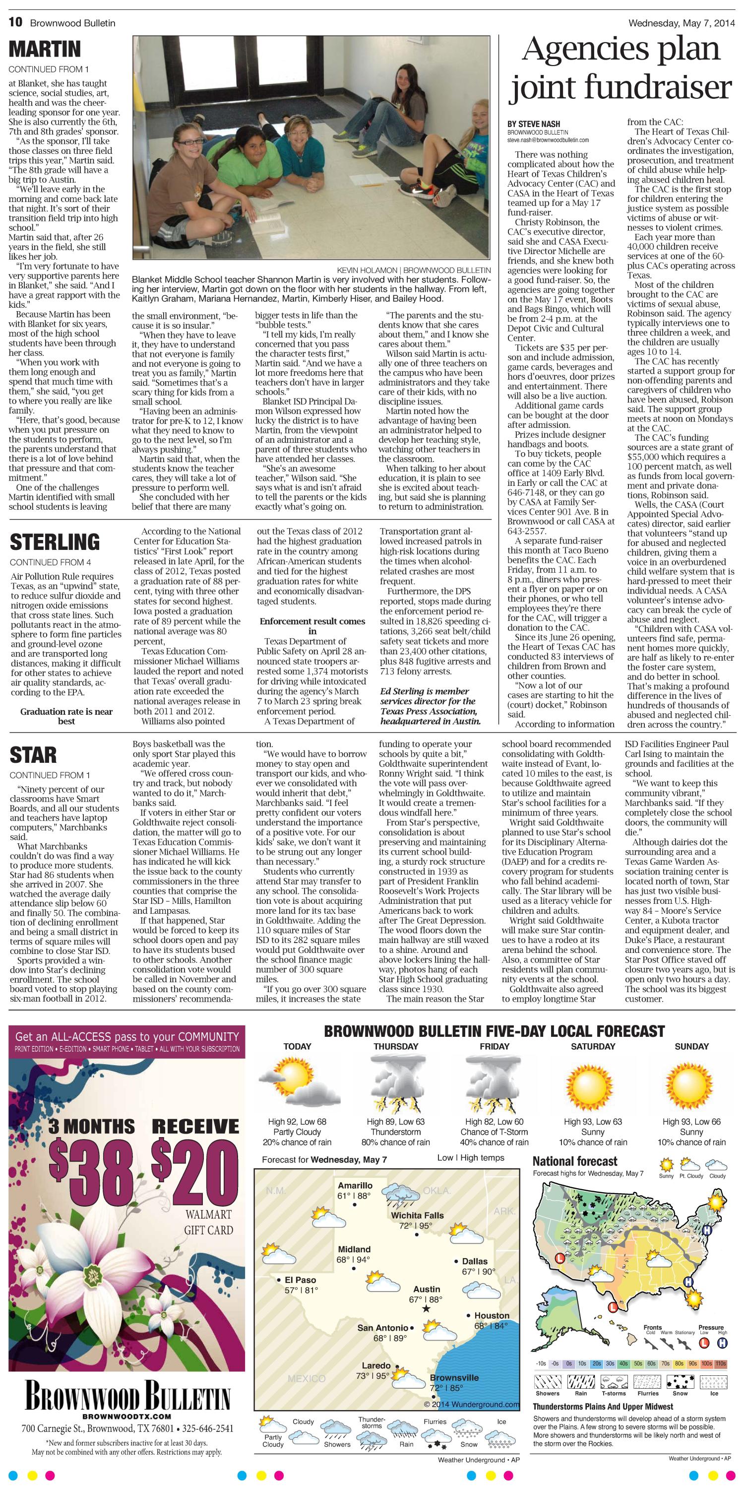 Brownwood Bulletin (Brownwood, Tex.), Vol. 114, No. 175, Ed. 1 Wednesday, May 7, 2014
                                                
                                                    [Sequence #]: 10 of 10
                                                