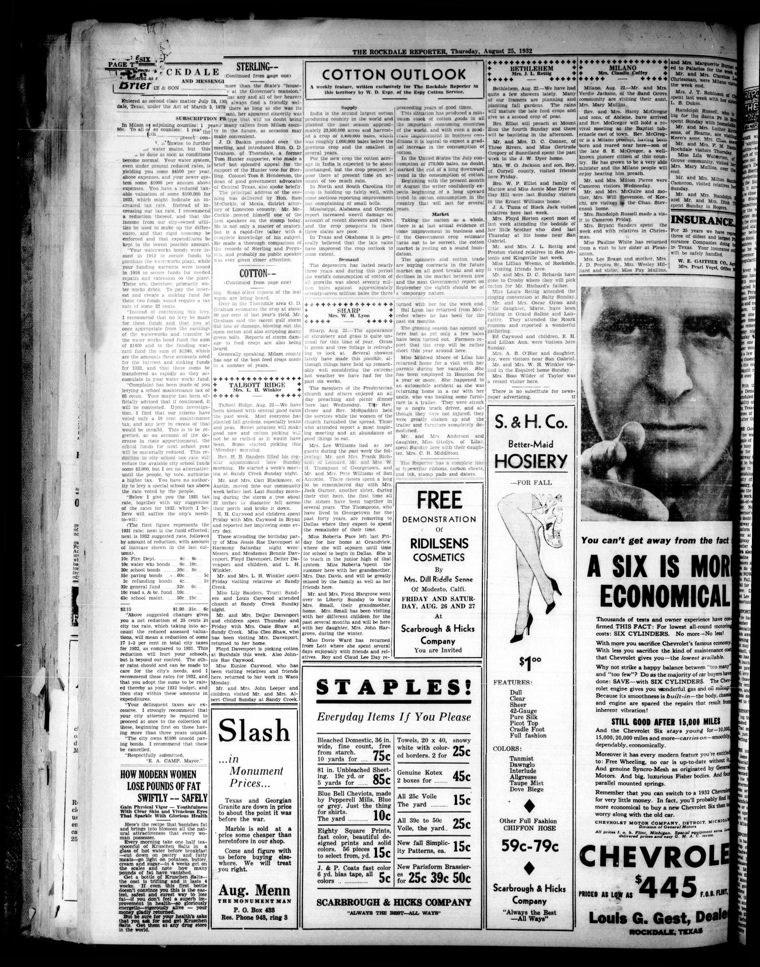 The Rockdale Reporter and Messenger (Rockdale, Tex.), Vol. 60, No. 28, Ed. 1 Thursday, August 25, 1932
                                                
                                                    [Sequence #]: 6 of 6
                                                