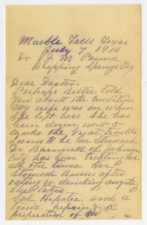 Primary view of [Letter from J. R. Brown to Dr. Joseph Pound, July 7, 1910]