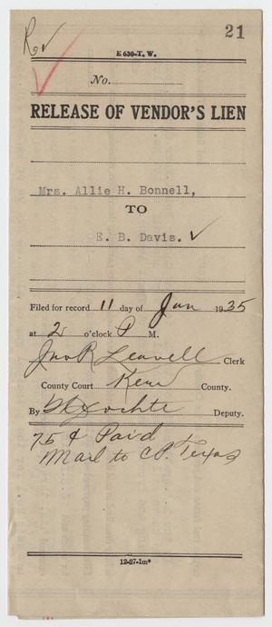Primary view of object titled '[Release of Vendor's Lien from Allie H. Bonnell to E. B. Davis]'.