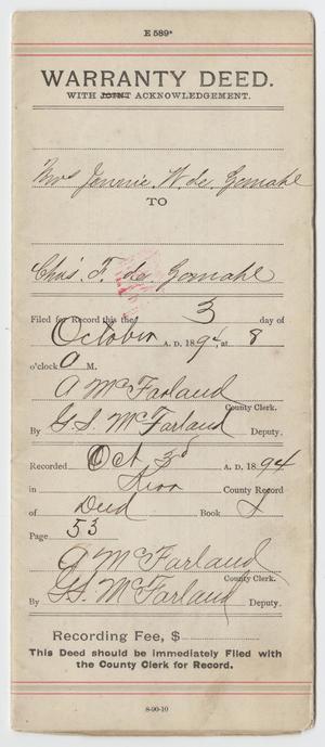 Primary view of [Warranty Deed from Virginia (Jennie) W. de Ganahl to Charles F. de Ganahl, October 3, 1894]