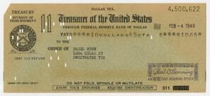 Primary view of object titled '[Tax Refund Check to Hazel Nunn, February 4, 1948]'.