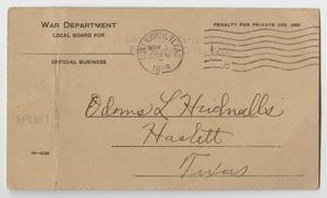 Primary view of object titled '[Postcard from Odons L. Hudnalls to the Local War Department Board]'.