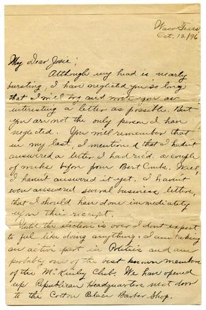 Primary view of object titled '[Letter from John K. Strecker, Jr. to Josephine Bahl, October 12, 1896]'.