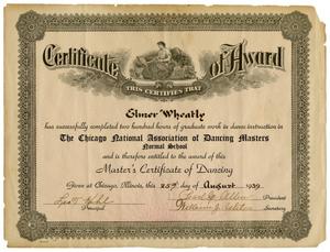 Primary view of object titled '[Master's Certificate of Dance to Elmer Wheatly]'.