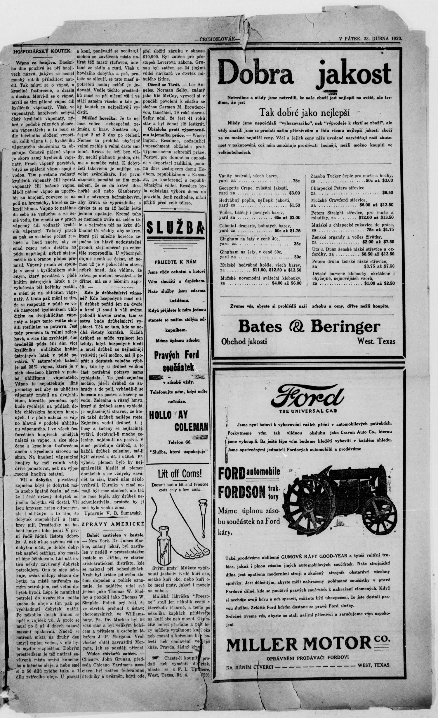 Čechoslovák and Westske Noviny (West, Tex.), Vol. 9, No. 15, Ed. 1 Friday, April 23, 1920
                                                
                                                    [Sequence #]: 7 of 12
                                                