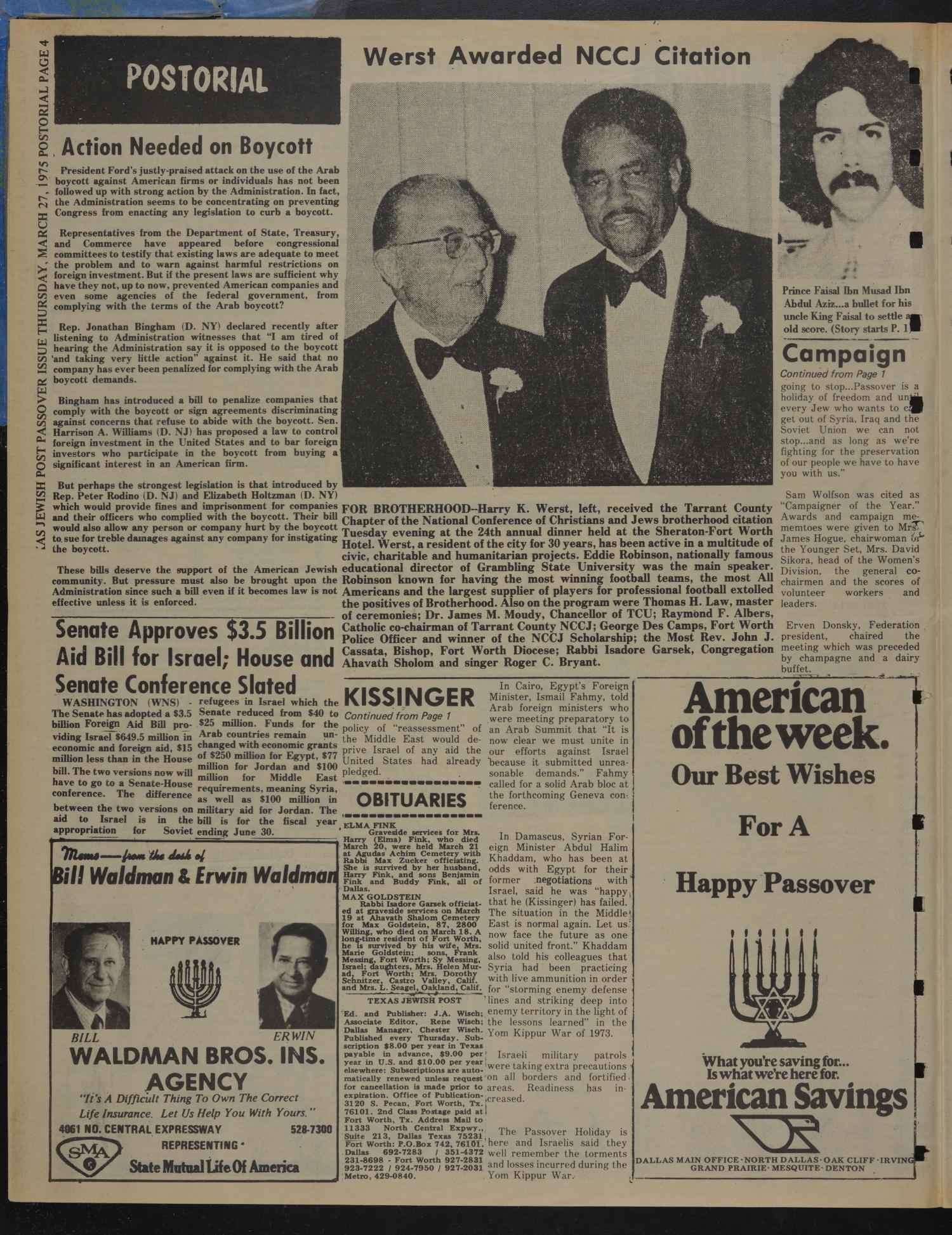 Texas Jewish Post (Fort Worth, Tex.), Vol. 29, No. 13, Ed. 1 Thursday, March 27, 1975
                                                
                                                    [Sequence #]: 4 of 28
                                                