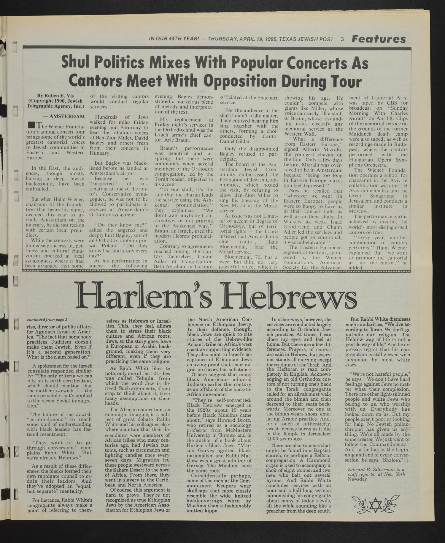 Texas Jewish Post (Fort Worth, Tex.), Vol. 44, No. 16, Ed. 1 Thursday, April 19, 1990
                                                
                                                    [Sequence #]: 3 of 24
                                                