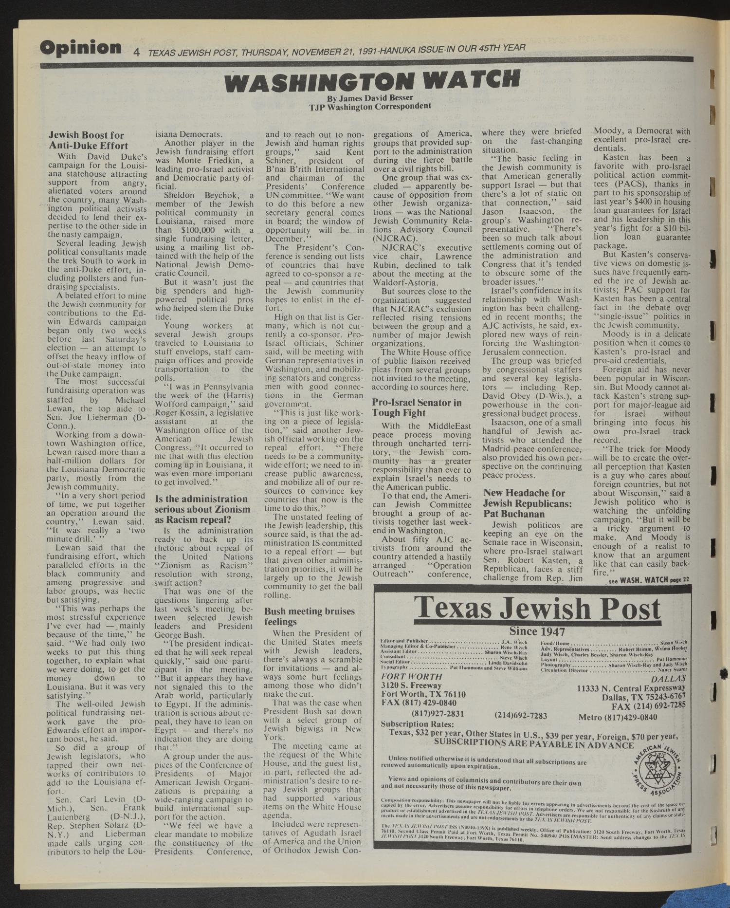 Texas Jewish Post (Fort Worth, Tex.), Vol. 45, No. 47, Ed. 1 Thursday, November 21, 1991
                                                
                                                    [Sequence #]: 4 of 32
                                                