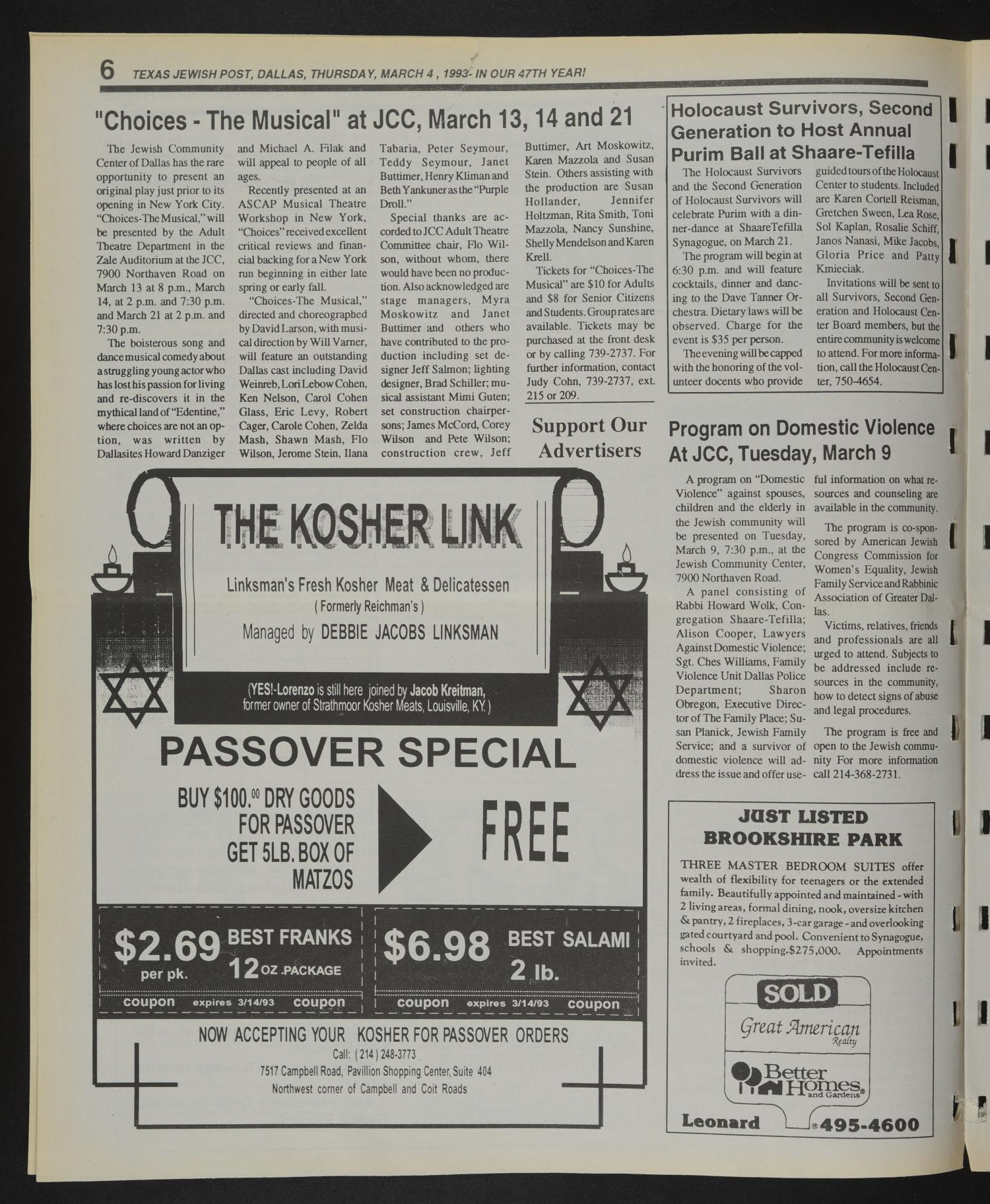 Texas Jewish Post (Fort Worth, Tex.), Vol. 47, No. 9, Ed. 1 Thursday, March 4, 1993
                                                
                                                    [Sequence #]: 6 of 28
                                                