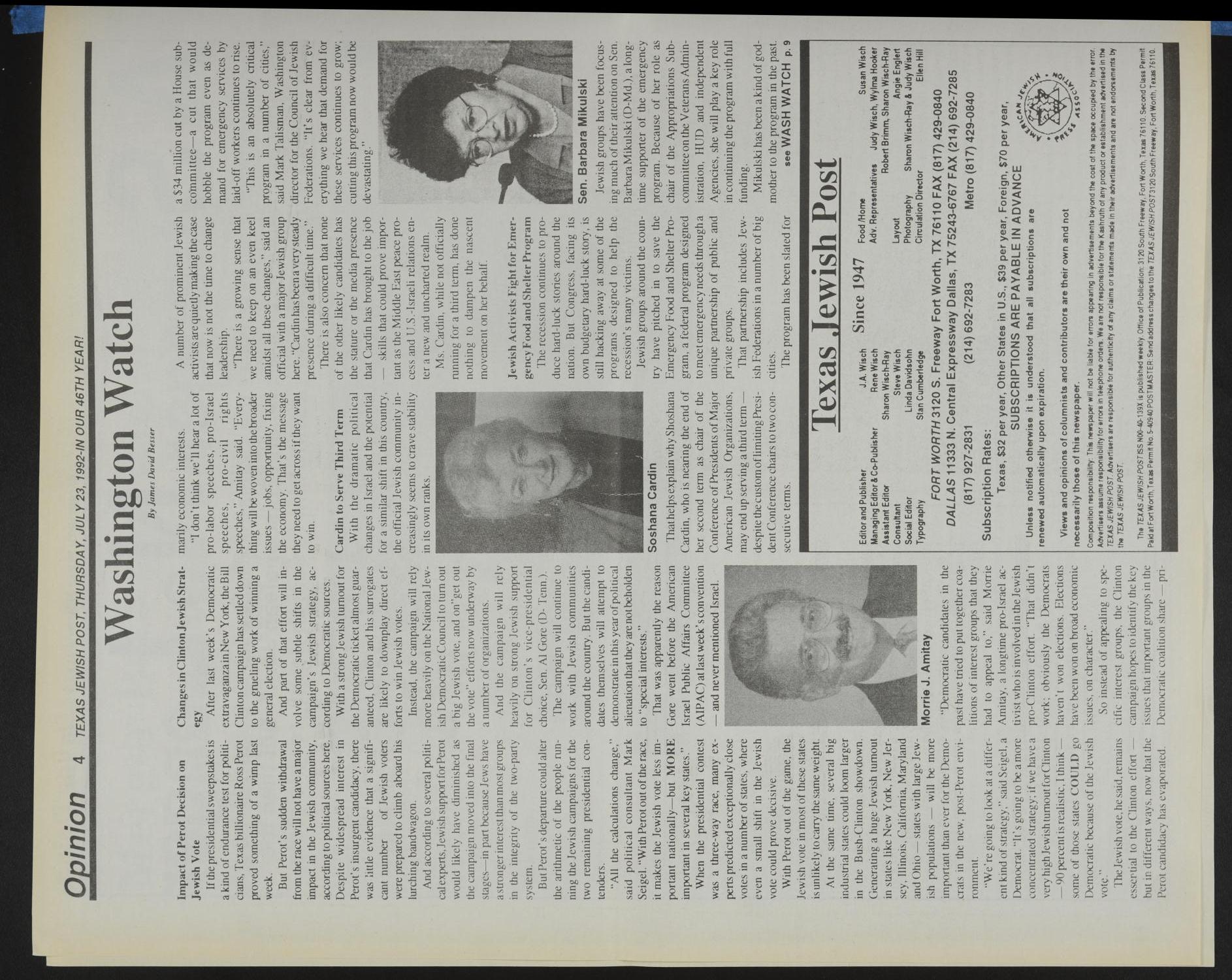 Texas Jewish Post (Fort Worth, Tex.), Vol. 46, No. 30, Ed. 1 Thursday, July 23, 1992
                                                
                                                    [Sequence #]: 4 of 24
                                                