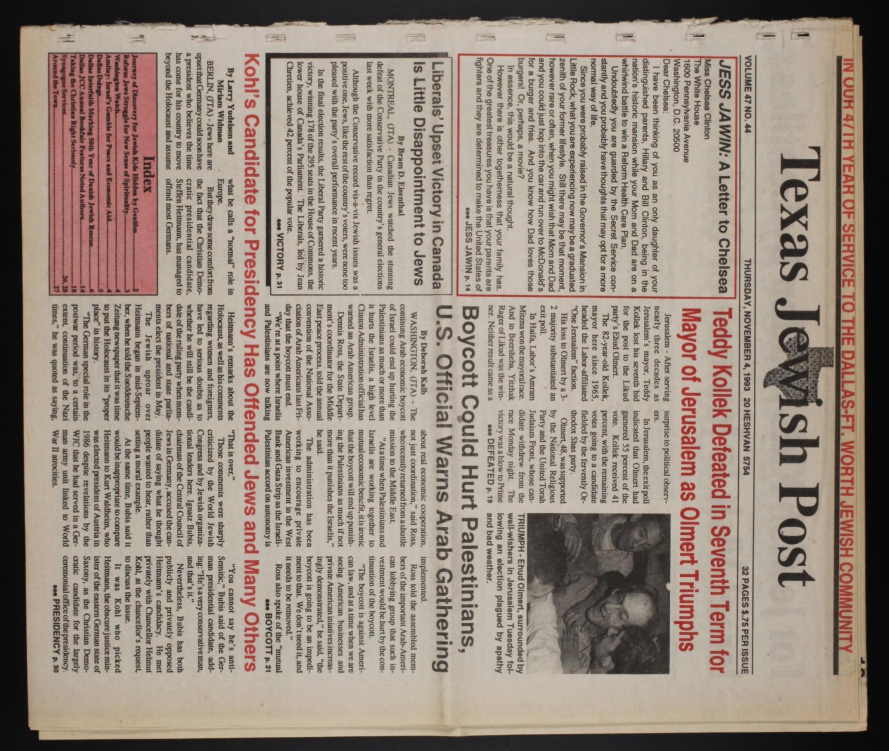 Texas Jewish Post (Fort Worth, Tex.), Vol. 47, No. 44, Ed. 1 Thursday, November 4, 1993
                                                
                                                    [Sequence #]: 1 of 32
                                                