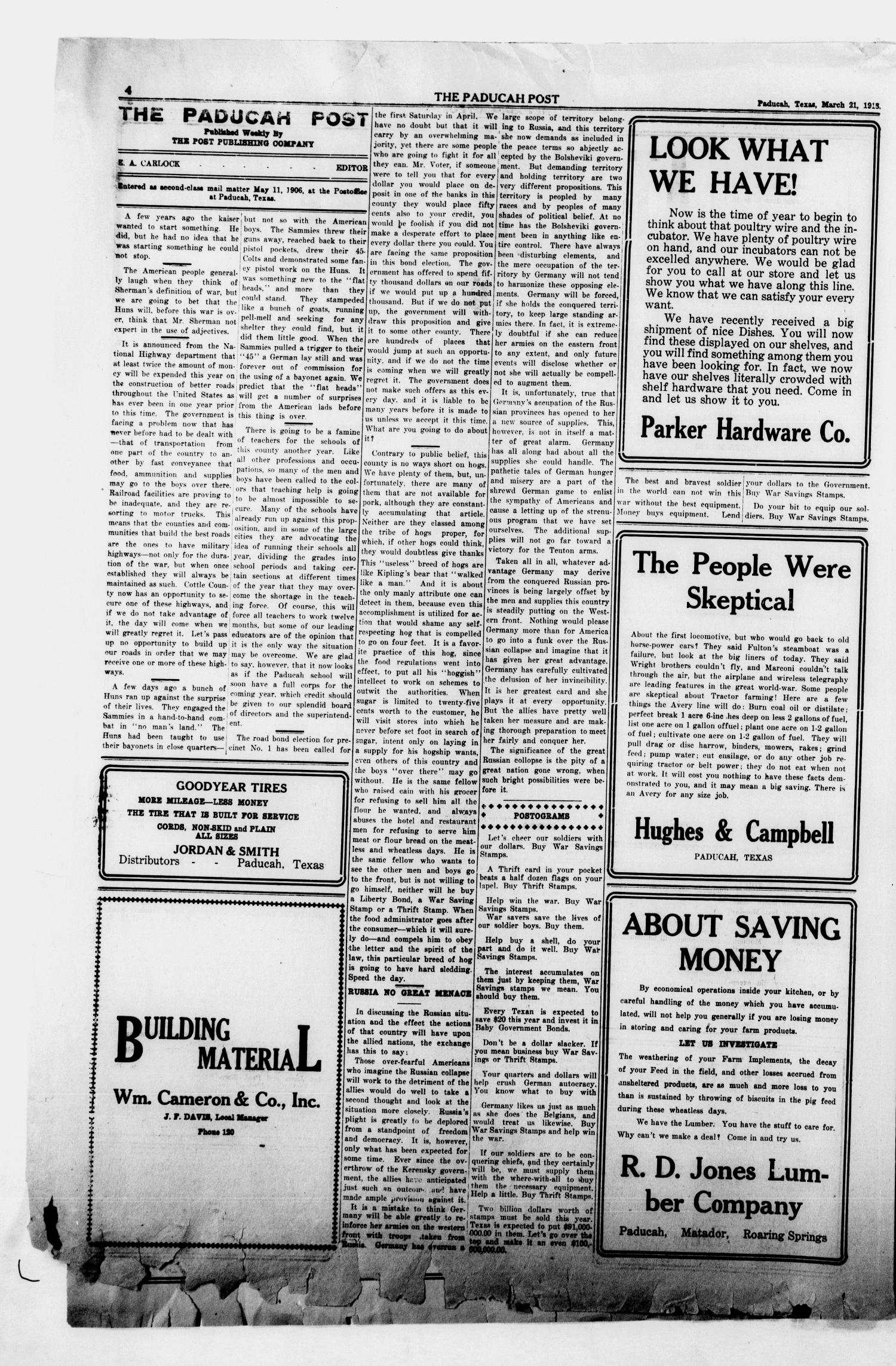 The Paducah Post (Paducah, Tex.), Vol. 11, No. 41, Ed. 1 Thursday, March 21, 1918
                                                
                                                    [Sequence #]: 4 of 8
                                                