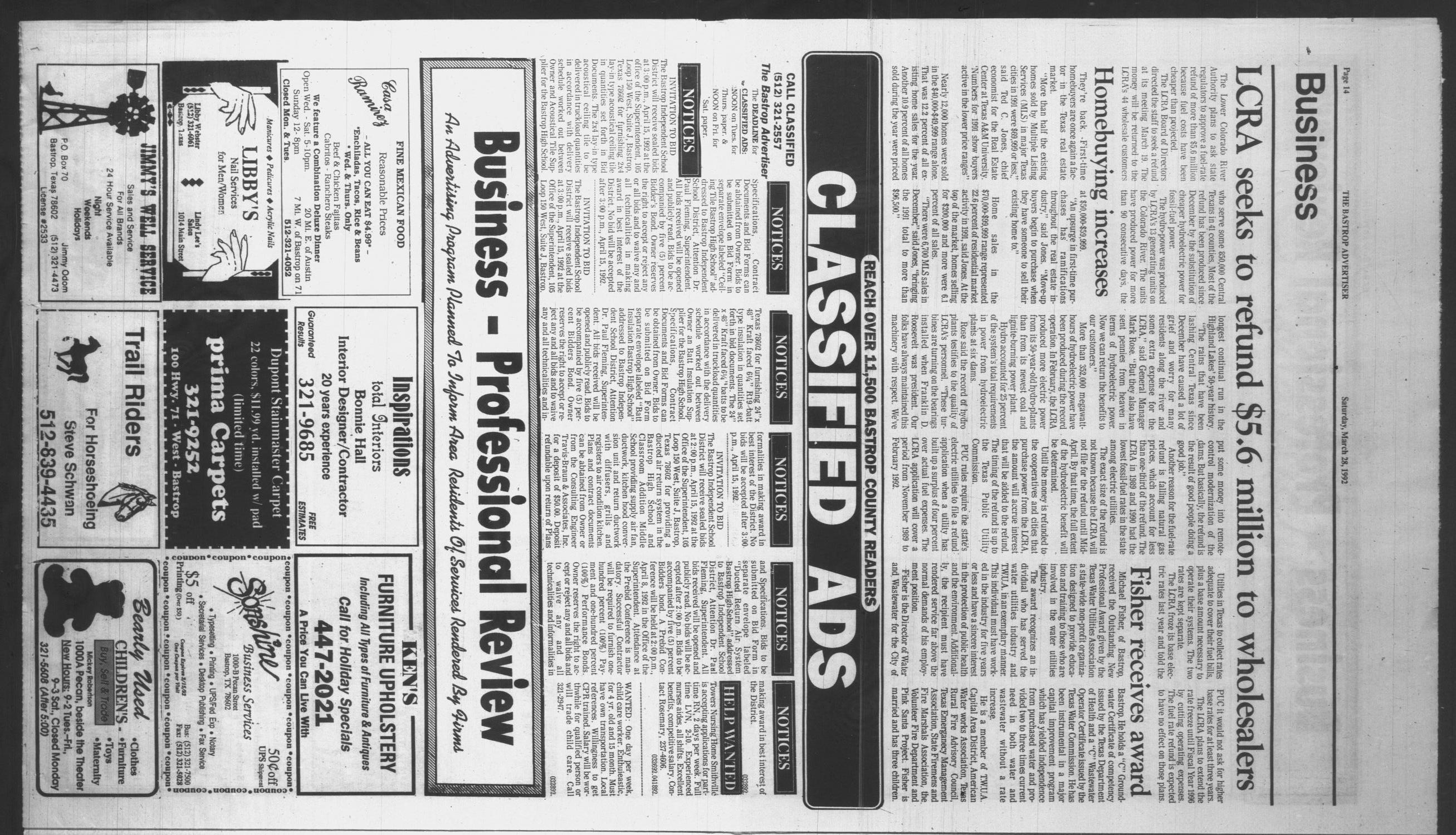 The Bastrop Advertiser (Bastrop, Tex.), Vol. 139, No. 8, Ed. 1 Saturday, March 28, 1992
                                                
                                                    [Sequence #]: 14 of 16
                                                