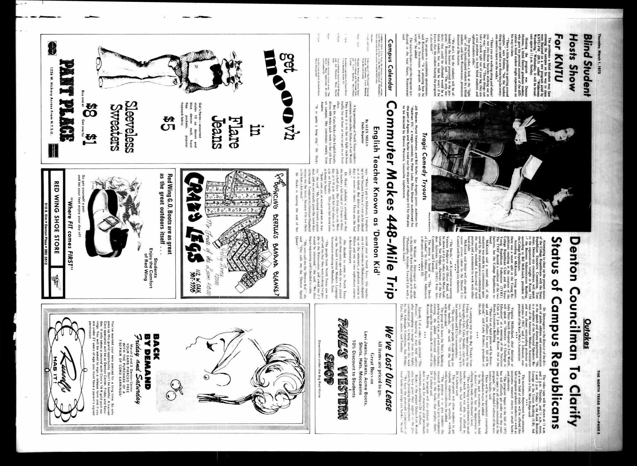 The North Texas Daily (Denton, Tex.), Vol. 56, No. 79, Ed. 1 Thursday, March 1, 1973
                                                
                                                    [Sequence #]: 3 of 4
                                                