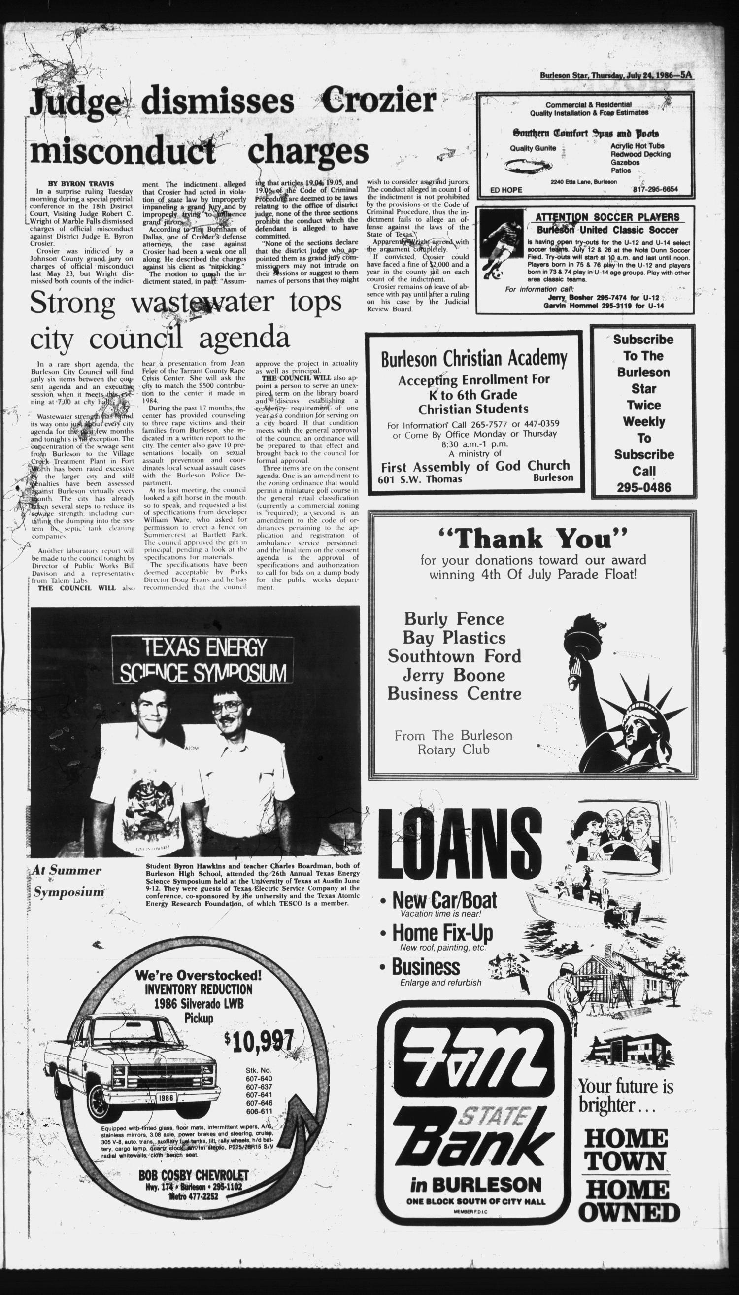 Burleson Star (Burleson, Tex.), Vol. 21, No. 82, Ed. 1 Thursday, July 24, 1986
                                                
                                                    [Sequence #]: 5 of 66
                                                