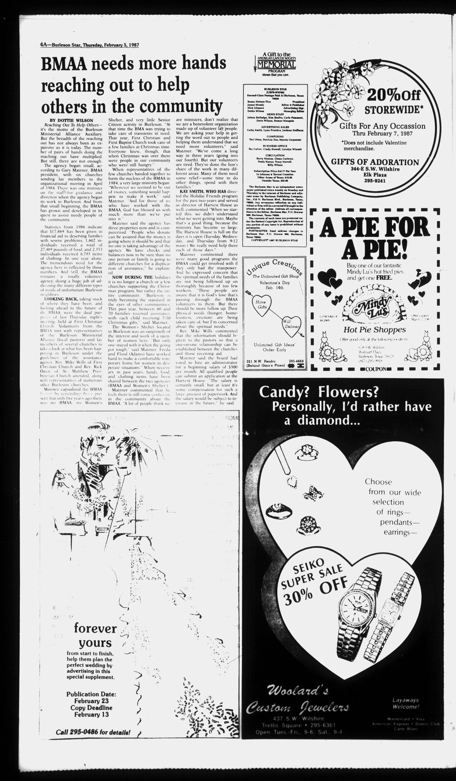Burleson Star (Burleson, Tex.), Vol. 21, No. 34, Ed. 1 Thursday, February 5, 1987
                                                
                                                    [Sequence #]: 4 of 32
                                                