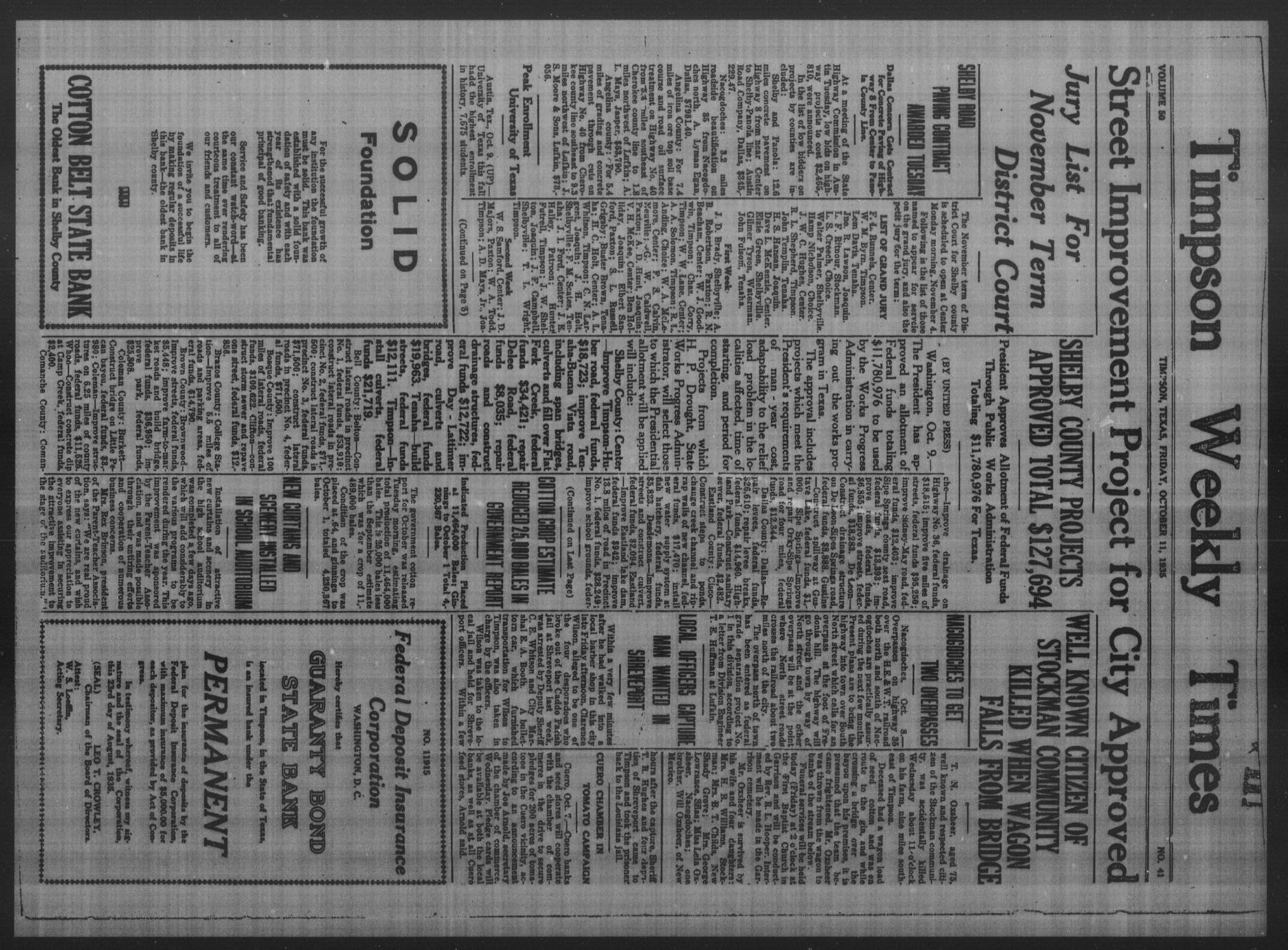 Timpson Weekly Times (Timpson, Tex.), Vol. 50, No. 41, Ed. 1 Friday, October 11, 1935
                                                
                                                    [Sequence #]: 1 of 8
                                                