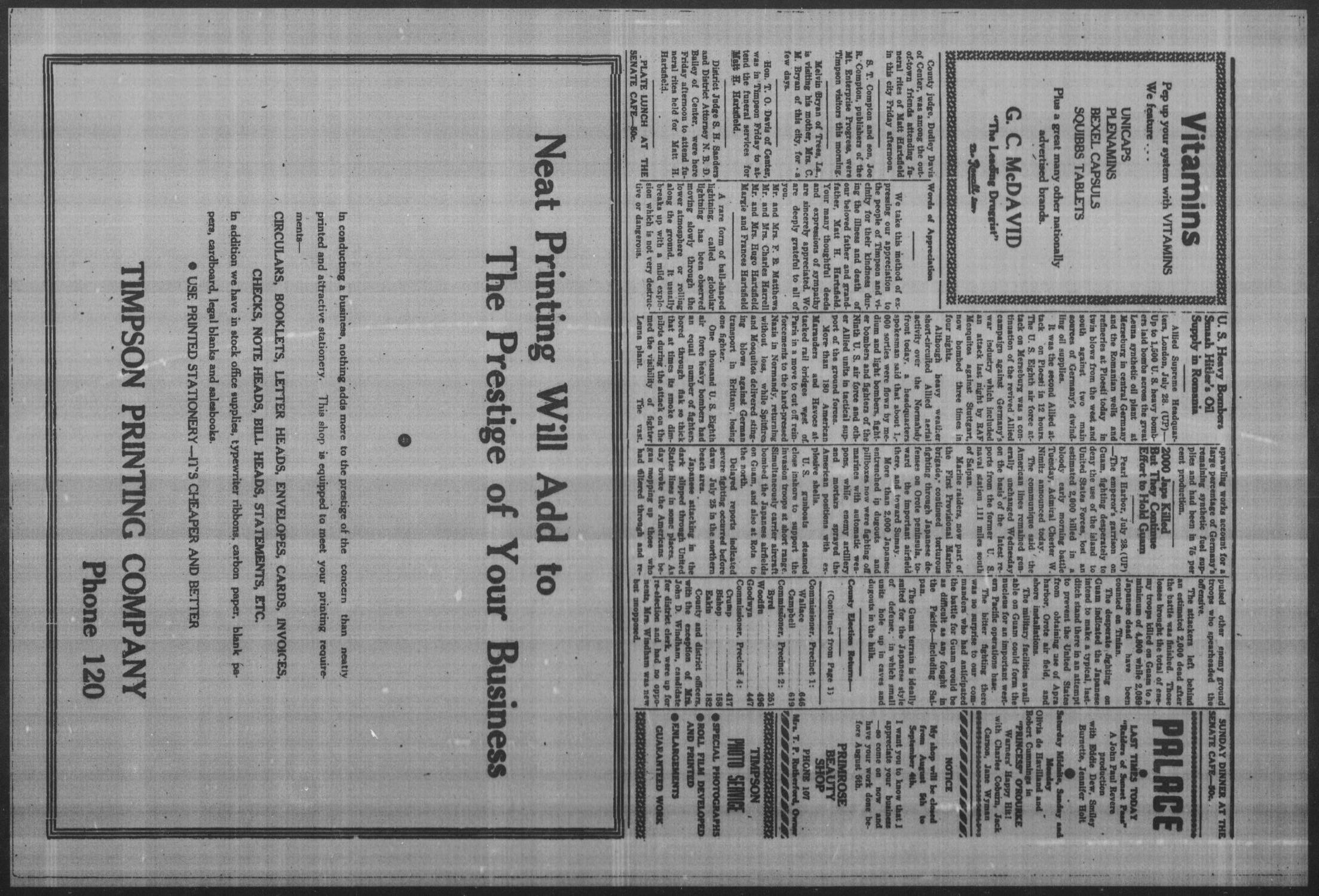 Timpson Daily Times (Timpson, Tex.), Vol. 43, No. 147, Ed. 1 Saturday, July 29, 1944
                                                
                                                    [Sequence #]: 3 of 4
                                                