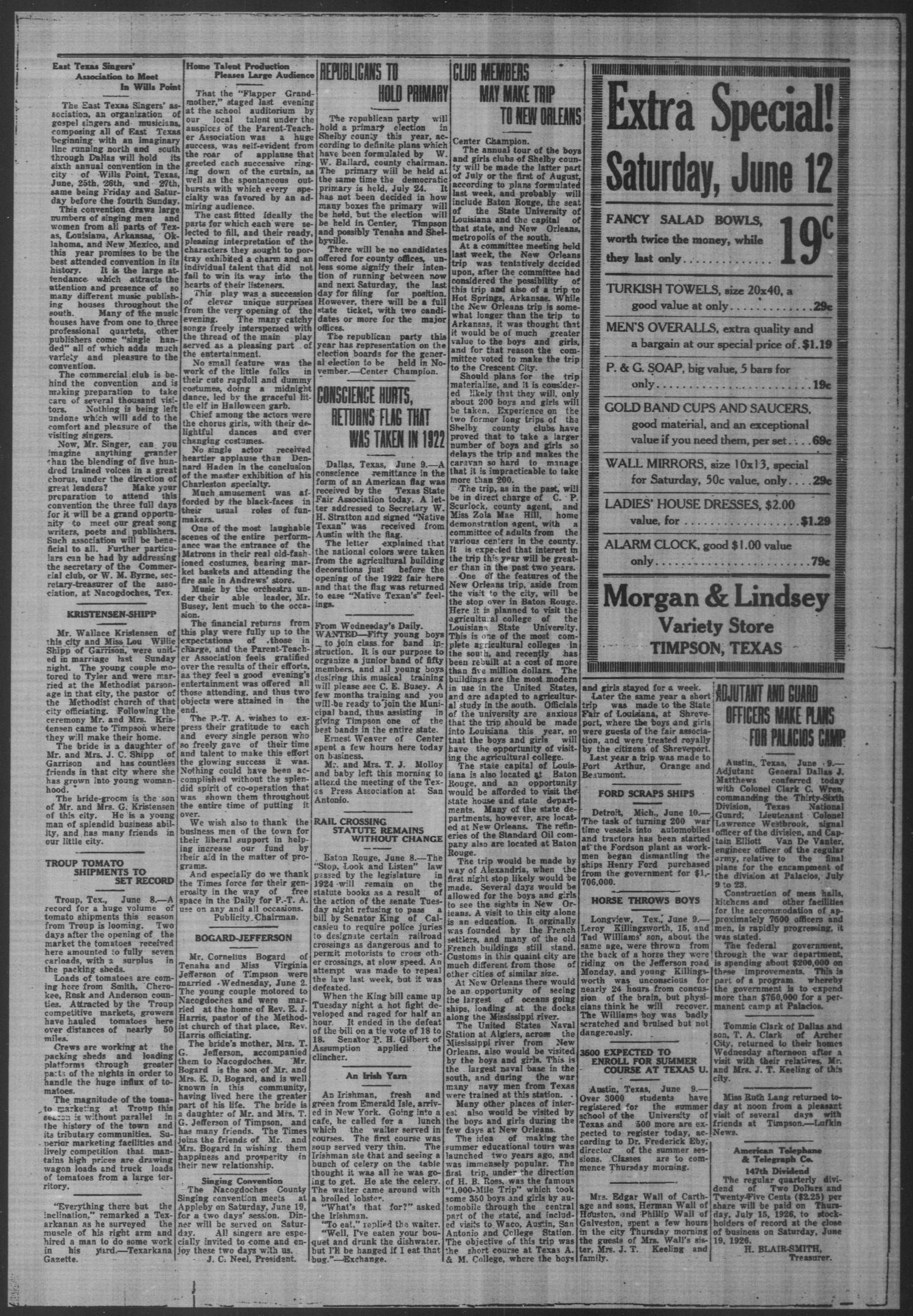 Timpson Weekly Times (Timpson, Tex.), Vol. 41, No. 24, Ed. 1 Friday, June 11, 1926
                                                
                                                    [Sequence #]: 5 of 8
                                                