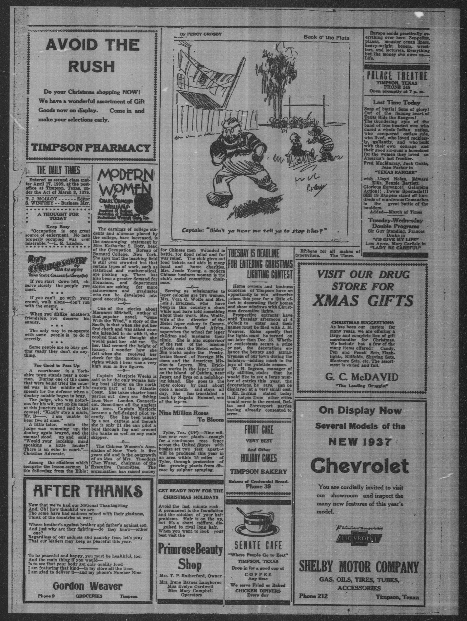 Timpson Daily Times (Timpson, Tex.), Vol. 35, No. 242, Ed. 1 Monday, December 7, 1936
                                                
                                                    [Sequence #]: 2 of 4
                                                