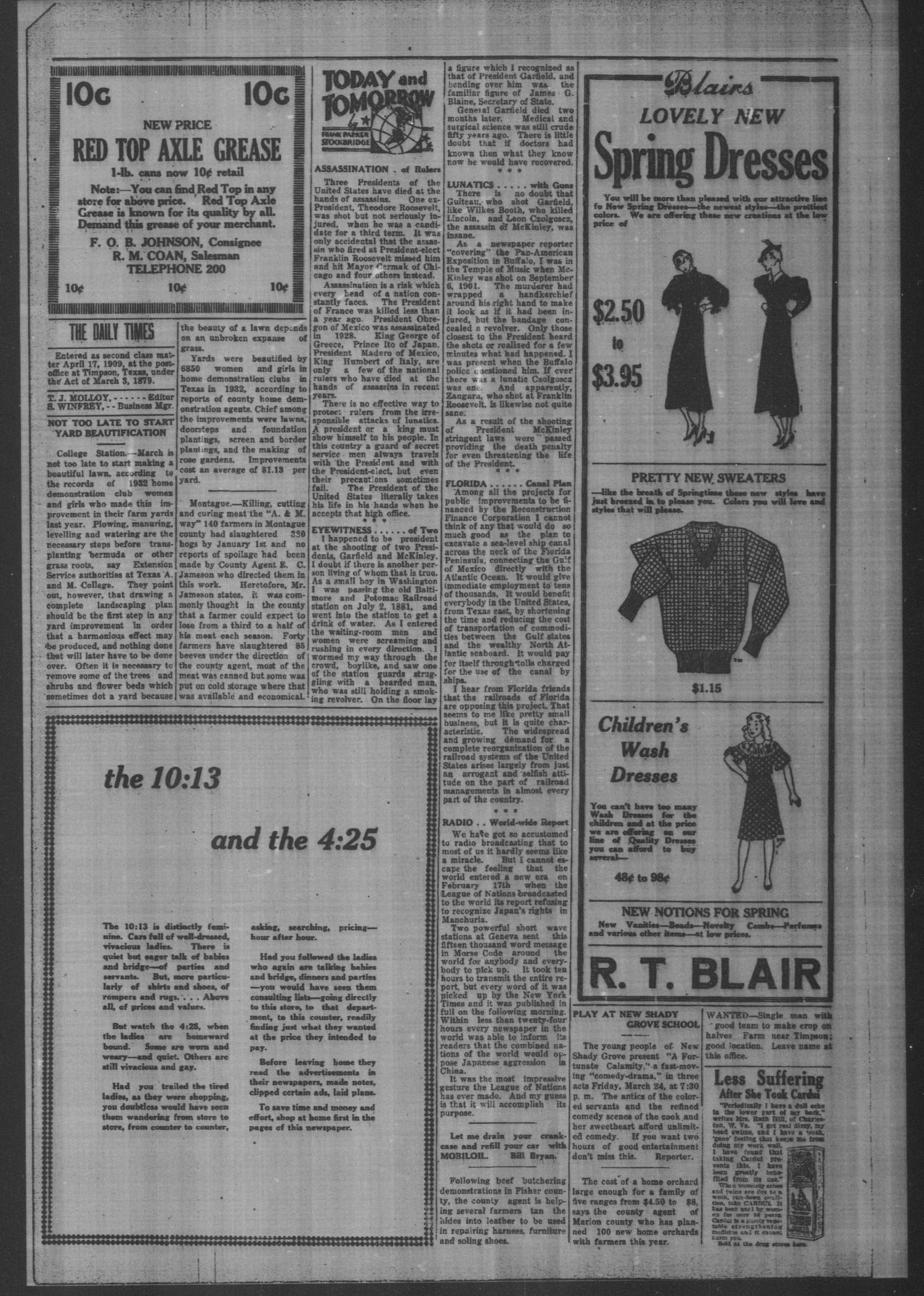 Timpson Daily Times (Timpson, Tex.), Vol. 32, No. 53, Ed. 1 Wednesday, March 15, 1933
                                                
                                                    [Sequence #]: 2 of 4
                                                
