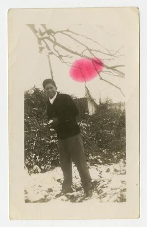 Primary view of object titled '[Young Man Posing in the Snow]'.