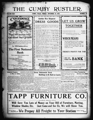 Primary view of object titled 'The Cumby Rustler. (Cumby, Tex.), Vol. 22, No. 33, Ed. 1 Friday, November 14, 1913'.