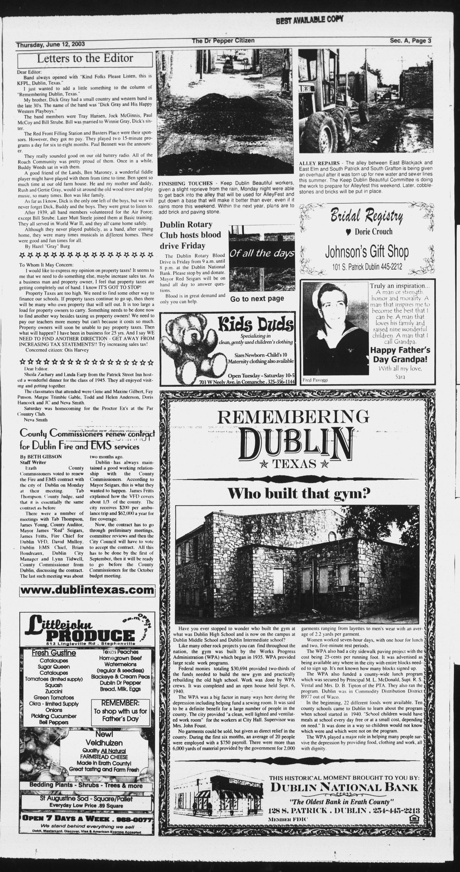 The Dublin Citizen (Dublin, Tex.), Vol. 13, No. 41, Ed. 1 Thursday, June 12, 2003
                                                
                                                    [Sequence #]: 3 of 42
                                                