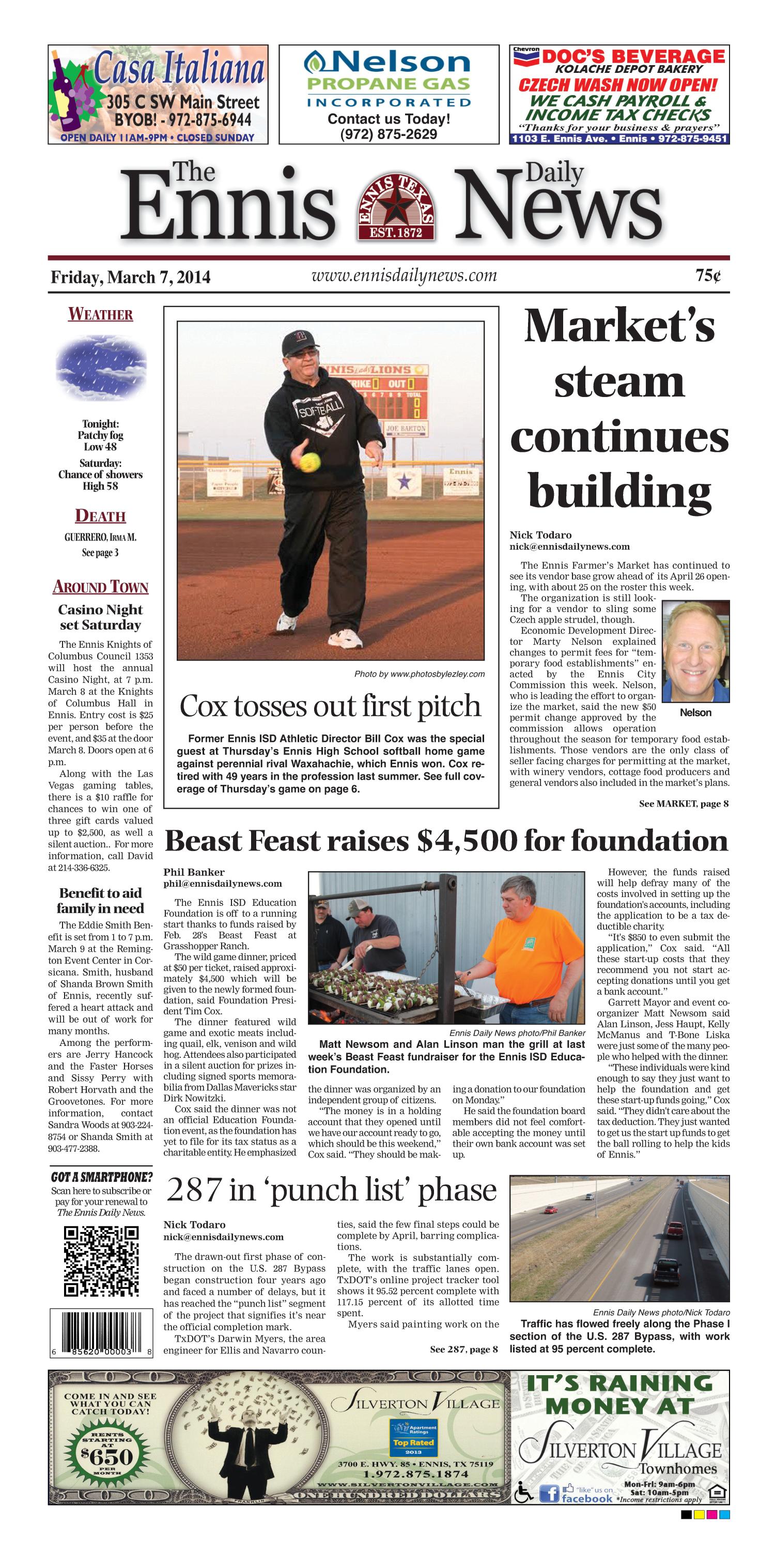 The Ennis Daily News (Ennis, Tex.), Ed. 1 Friday, March 7, 2014
                                                
                                                    [Sequence #]: 1 of 8
                                                