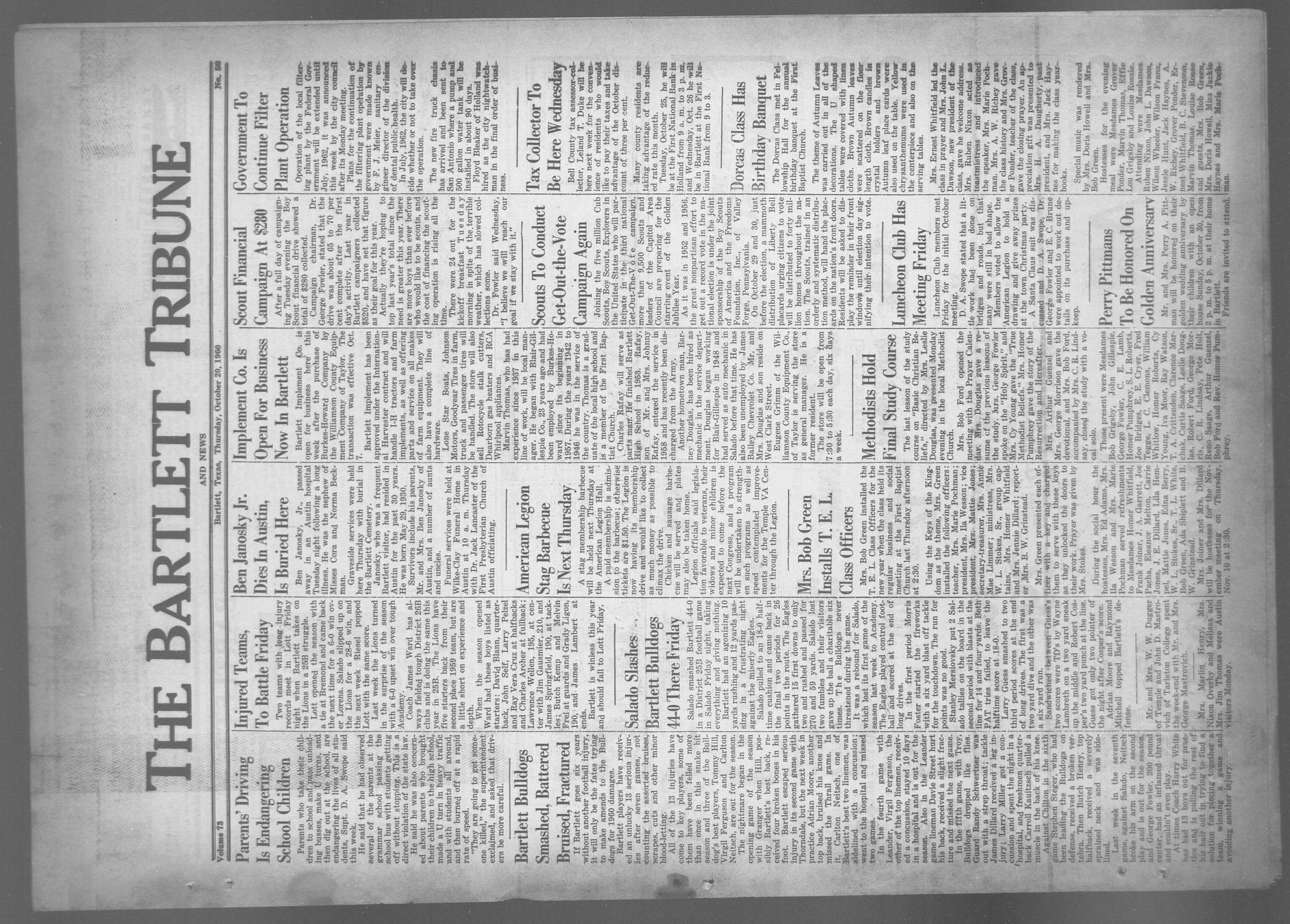 The Bartlett Tribune and News (Bartlett, Tex.), Vol. 73, No. 50, Ed. 1, Thursday, October 20, 1960
                                                
                                                    [Sequence #]: 1 of 8
                                                