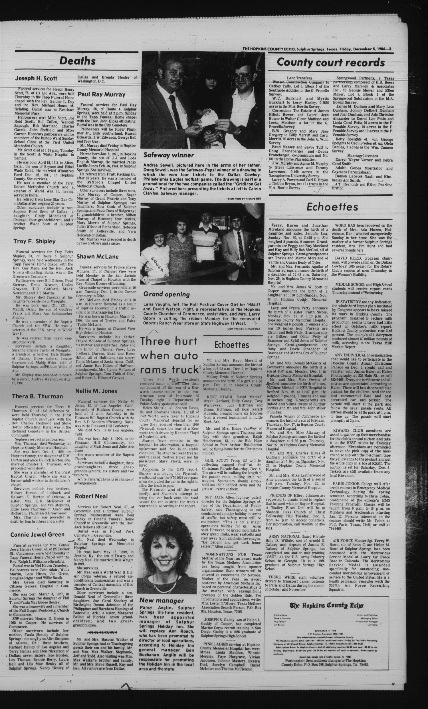 The Hopkins County Echo (Sulphur Springs, Tex.), Vol. 111, No. 49, Ed. 1 Friday, December 5, 1986
                                                
                                                    [Sequence #]: 3 of 4
                                                
