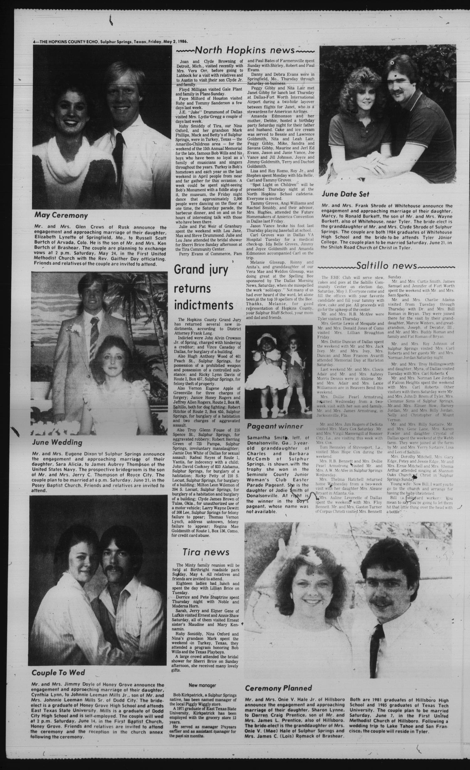 The Hopkins County Echo (Sulphur Springs, Tex.), Vol. 111, No. 18, Ed. 1 Friday, May 2, 1986
                                                
                                                    [Sequence #]: 4 of 4
                                                