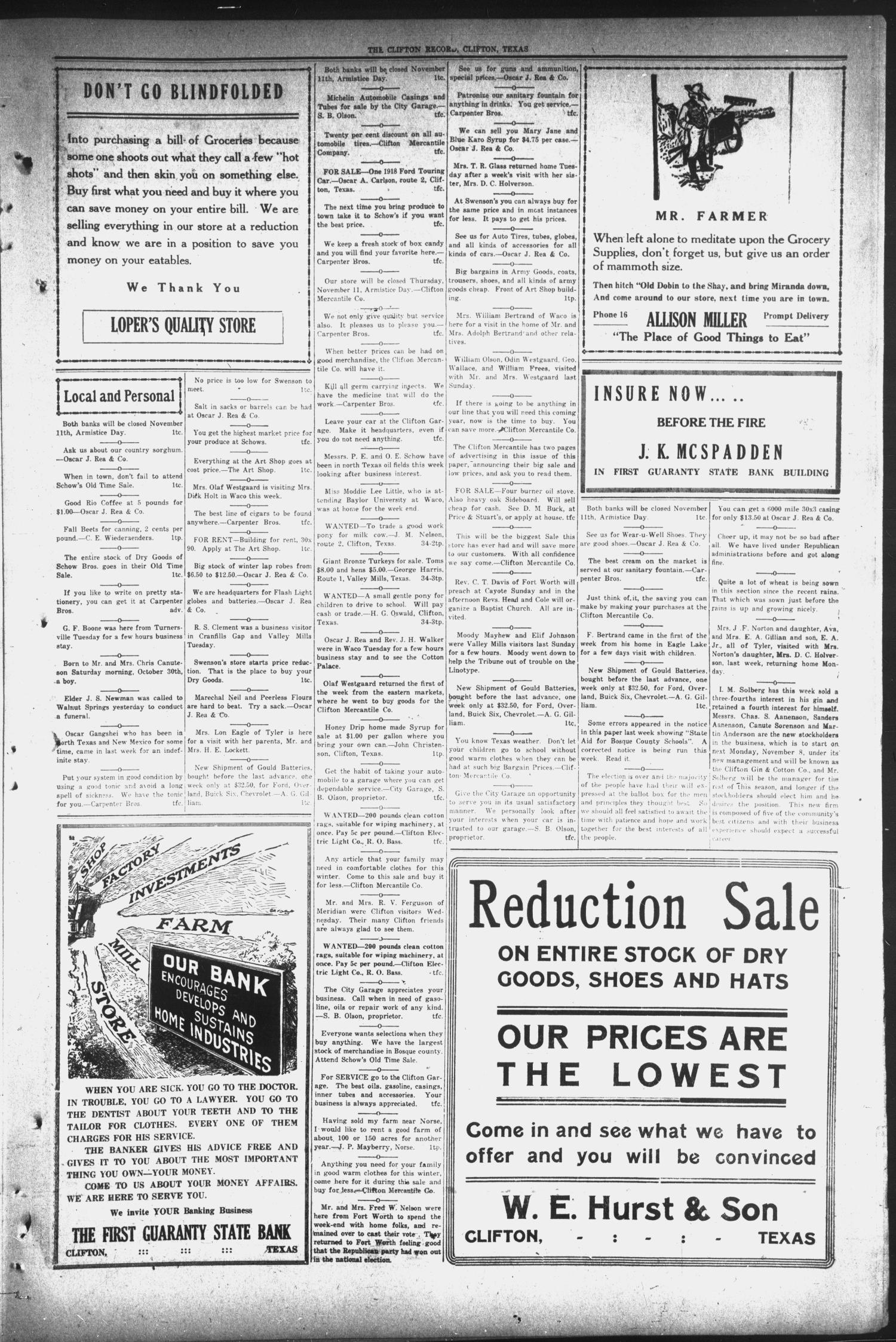 The Clifton Record (Clifton, Tex.), Vol. 26, No. 34, Ed. 1 Friday, November 5, 1920
                                                
                                                    [Sequence #]: 3 of 6
                                                