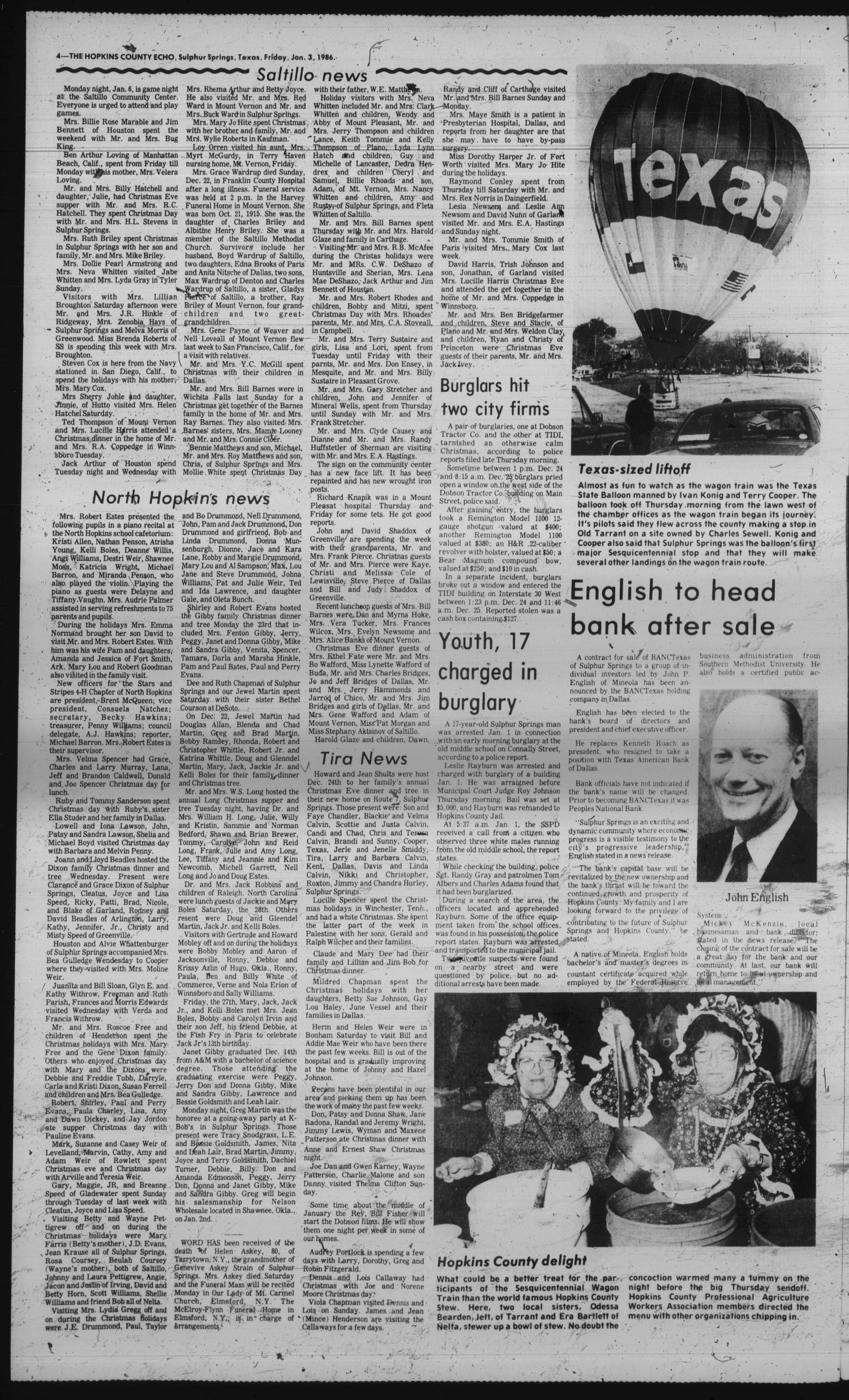 The Hopkins County Echo (Sulphur Springs, Tex.), Vol. 111, No. 1, Ed. 1 Friday, January 3, 1986
                                                
                                                    [Sequence #]: 4 of 4
                                                
