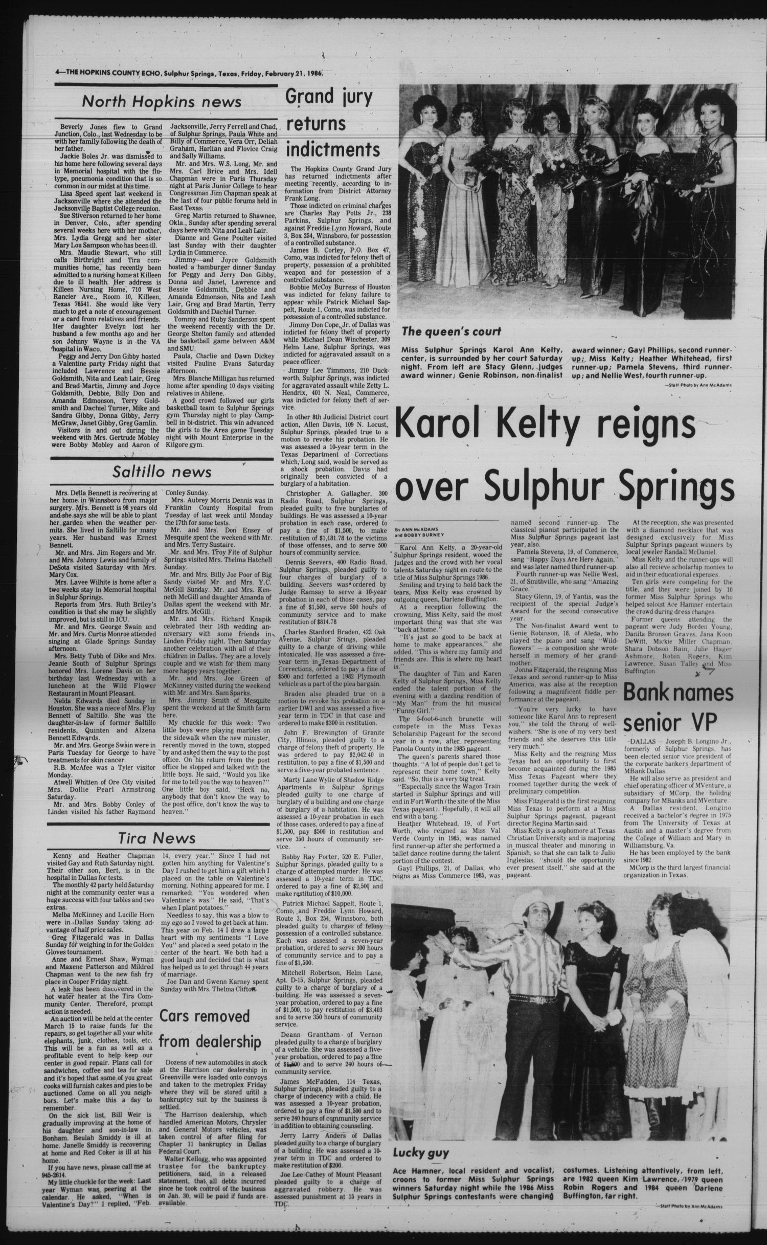The Hopkins County Echo (Sulphur Springs, Tex.), Vol. 111, No. 8, Ed. 1 Friday, February 21, 1986
                                                
                                                    [Sequence #]: 4 of 4
                                                