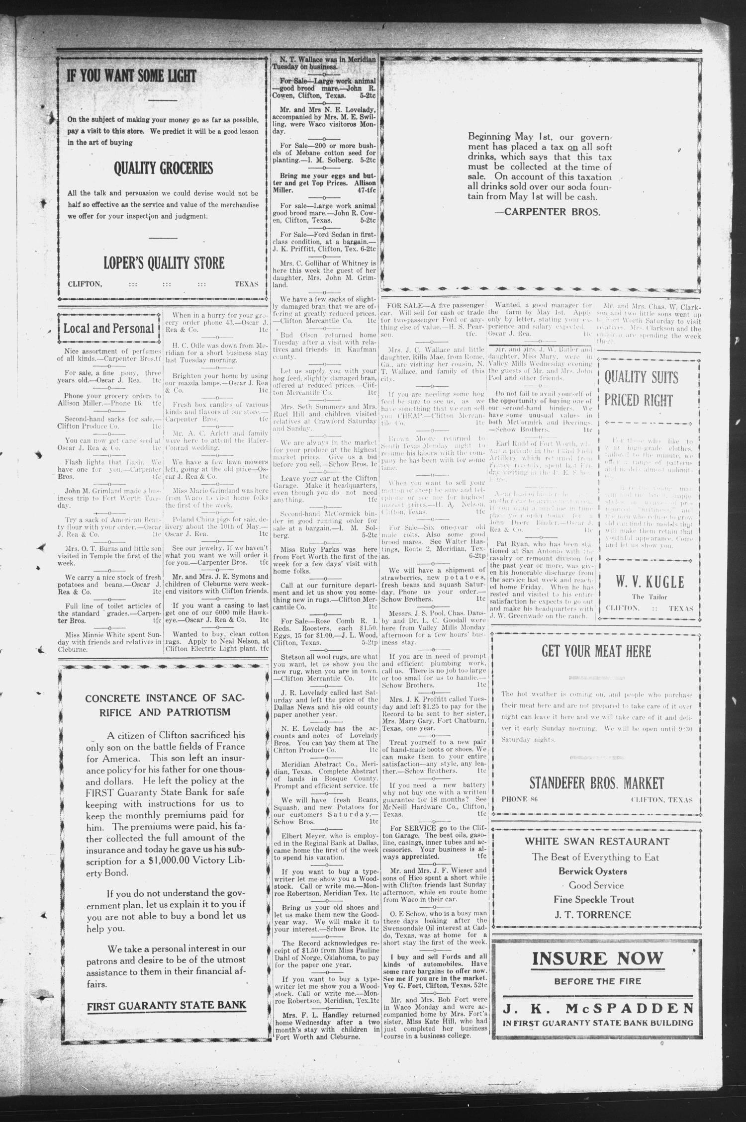The Clifton Record (Clifton, Tex.), Vol. 25, No. 6, Ed. 1 Friday, April 25, 1919
                                                
                                                    [Sequence #]: 5 of 8
                                                