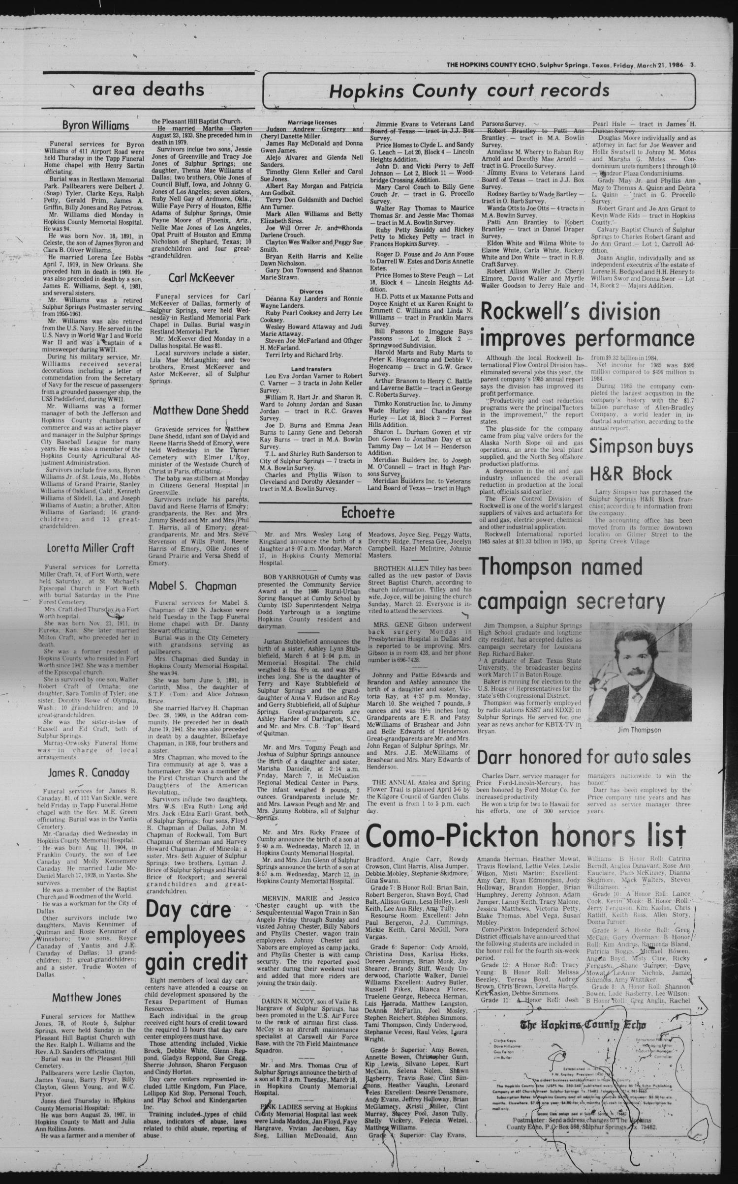 The Hopkins County Echo (Sulphur Springs, Tex.), Vol. 111, No. 12, Ed. 1 Friday, March 21, 1986
                                                
                                                    [Sequence #]: 3 of 4
                                                