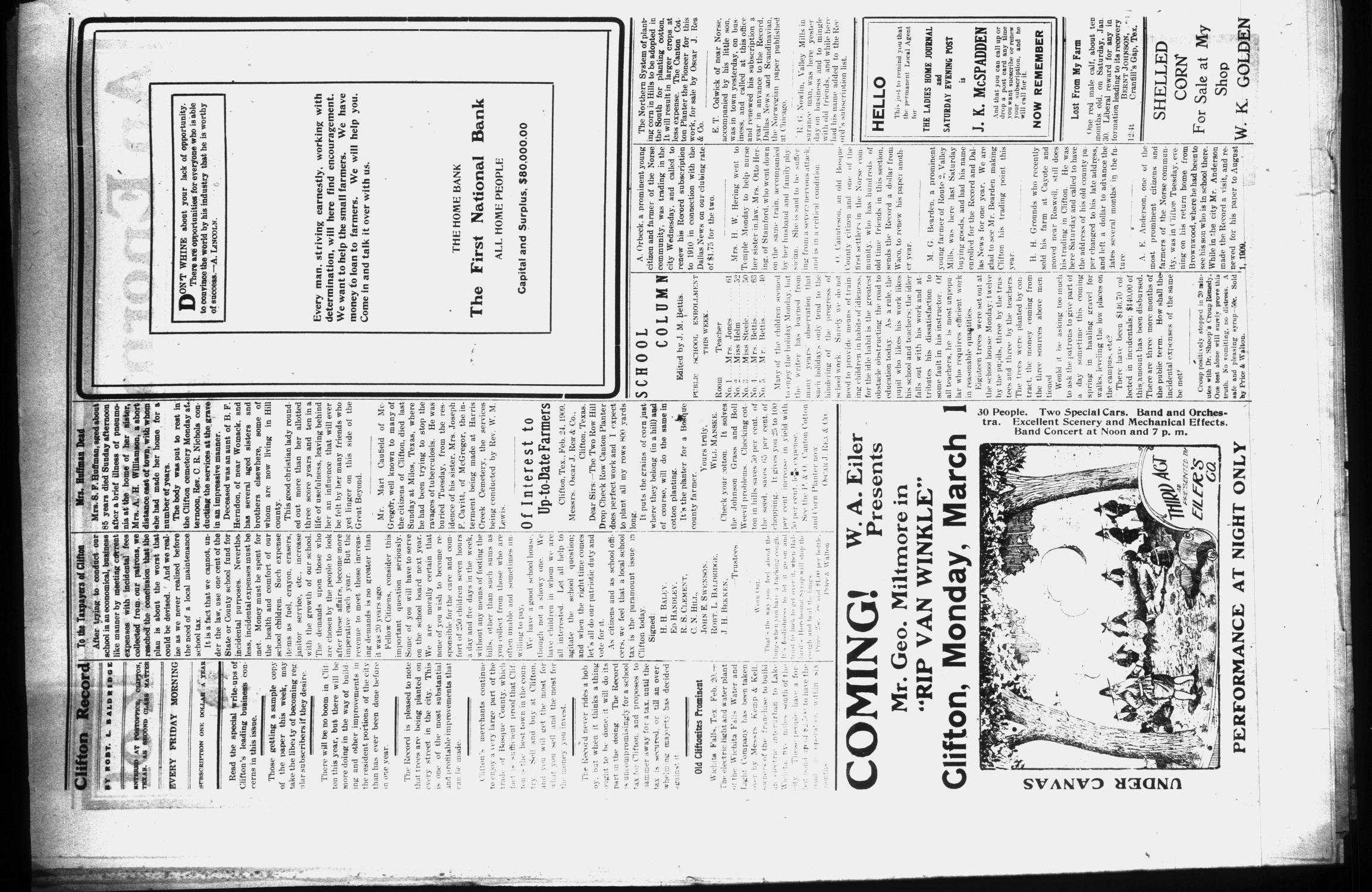 The Clifton Record (Clifton, Tex.), Vol. 13, No. 48, Ed. 1 Friday, February 26, 1909
                                                
                                                    [Sequence #]: 4 of 8
                                                