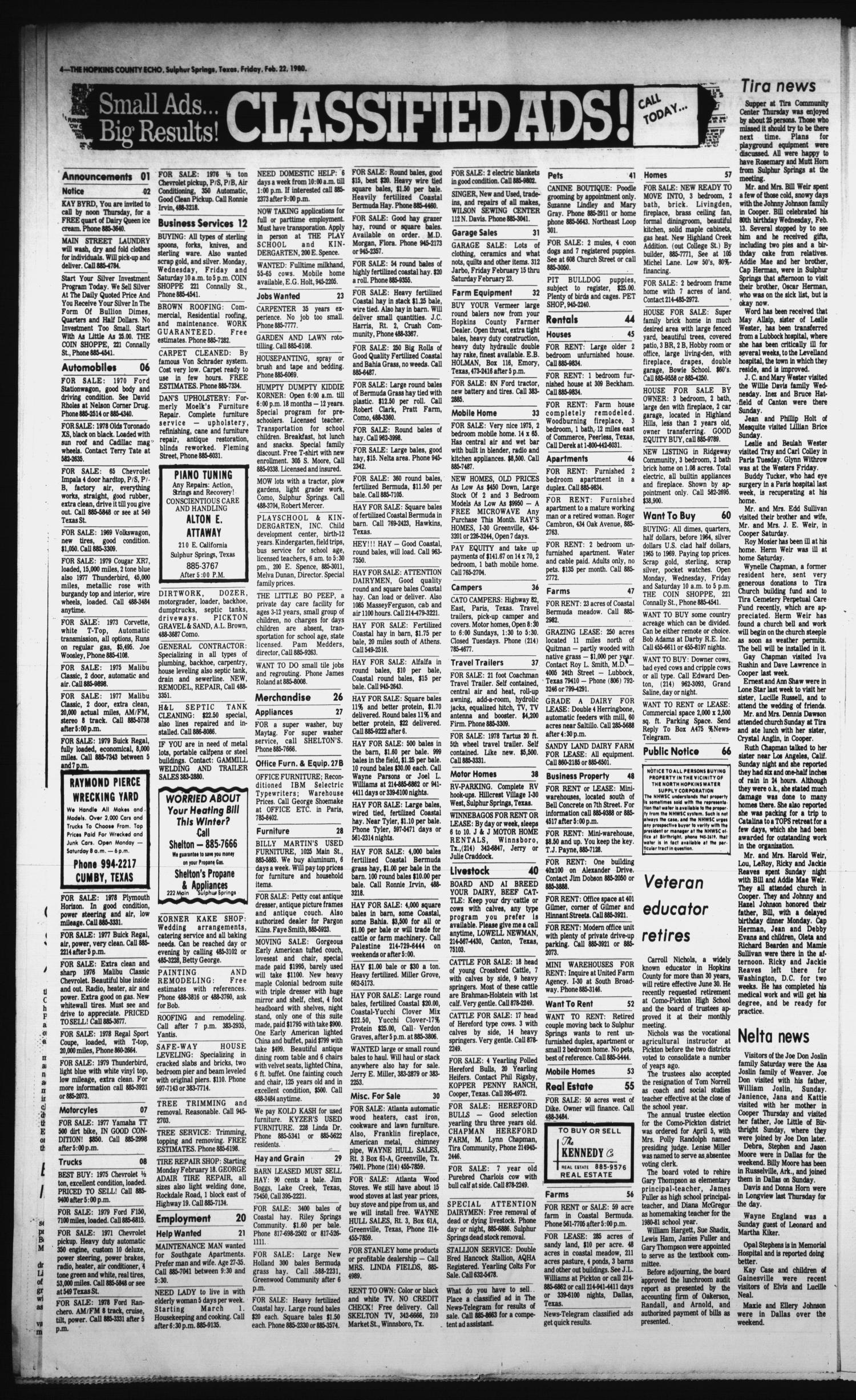 The Hopkins County Echo (Sulphur Springs, Tex.), Vol. 105, No. 8, Ed. 1 Friday, February 22, 1980
                                                
                                                    [Sequence #]: 4 of 6
                                                