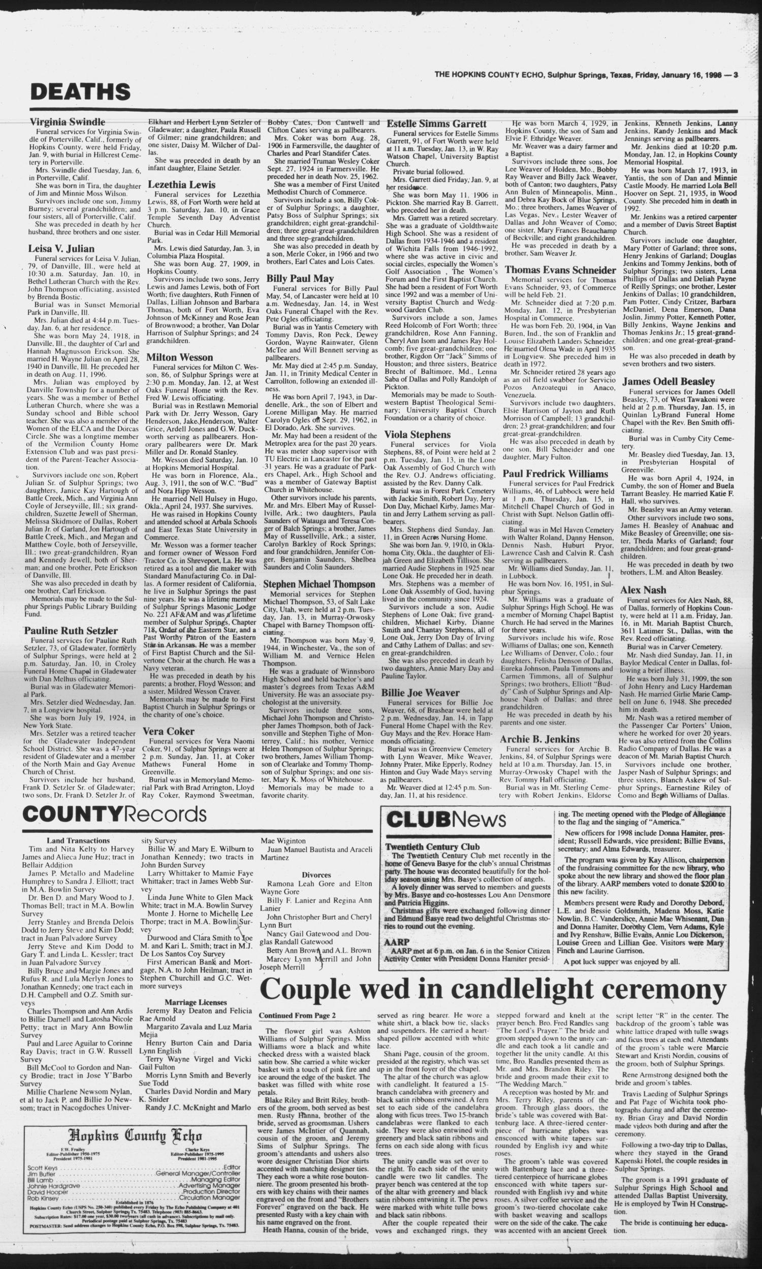 The Hopkins County Echo (Sulphur Springs, Tex.), Vol. 203, No. 3, Ed. 1 Friday, January 16, 1998
                                                
                                                    [Sequence #]: 3 of 4
                                                