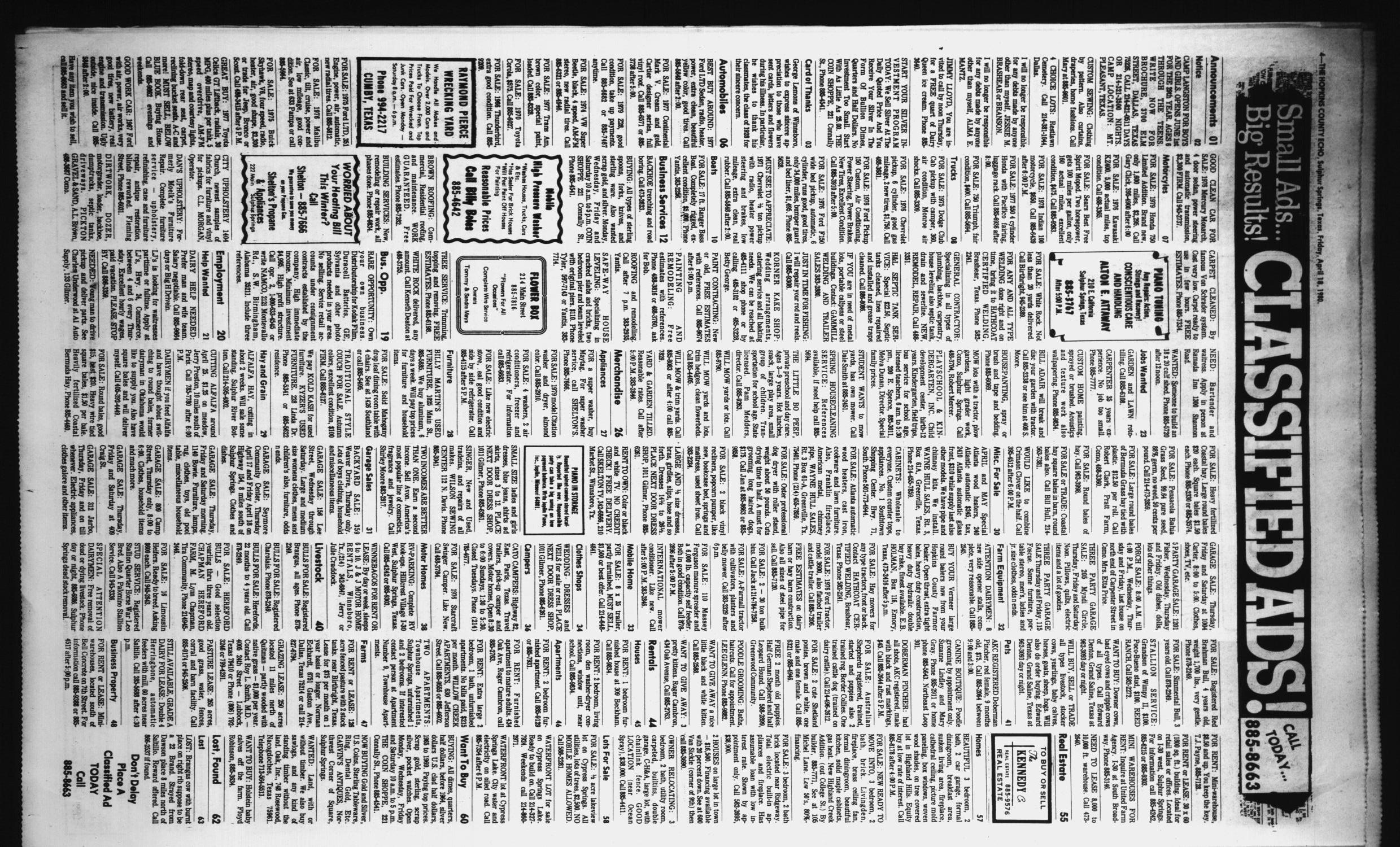 The Hopkins County Echo (Sulphur Springs, Tex.), Vol. 105, No. 16, Ed. 1 Friday, April 18, 1980
                                                
                                                    [Sequence #]: 4 of 6
                                                