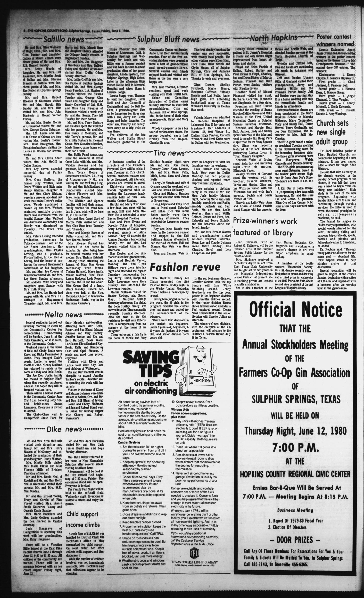 The Hopkins County Echo (Sulphur Springs, Tex.), Vol. 105, No. 23, Ed. 1 Friday, June 6, 1980
                                                
                                                    [Sequence #]: 6 of 6
                                                